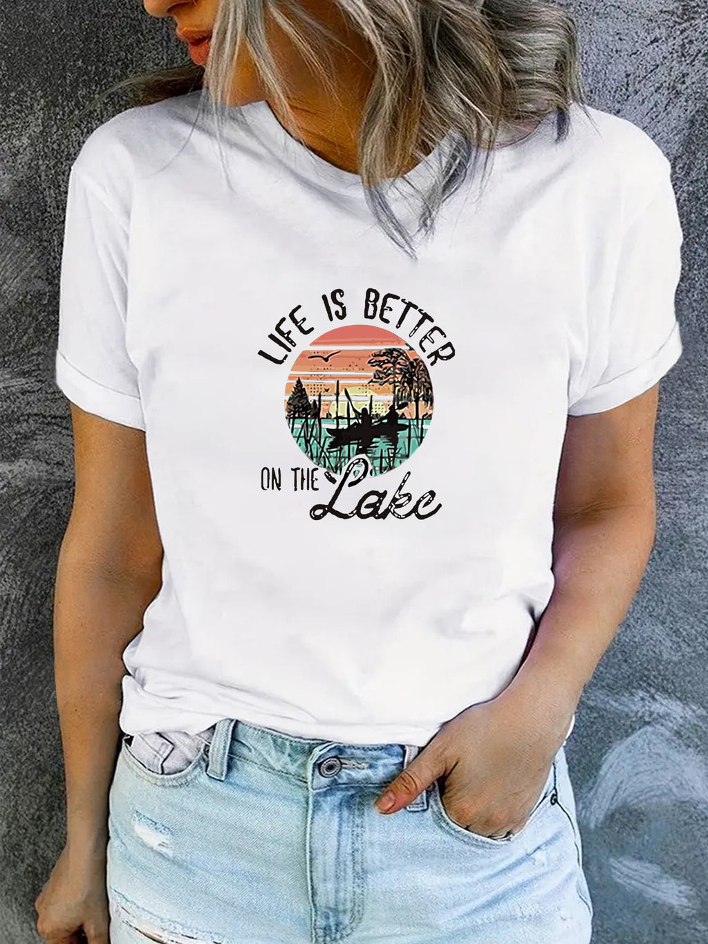 LAKE print round neck short sleeved T-shirt