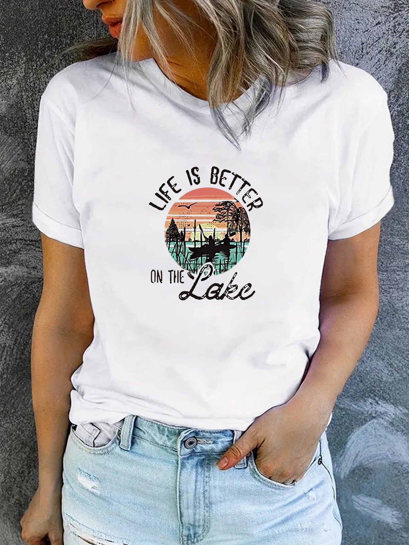 LAKE print round neck short sleeved T-shirt