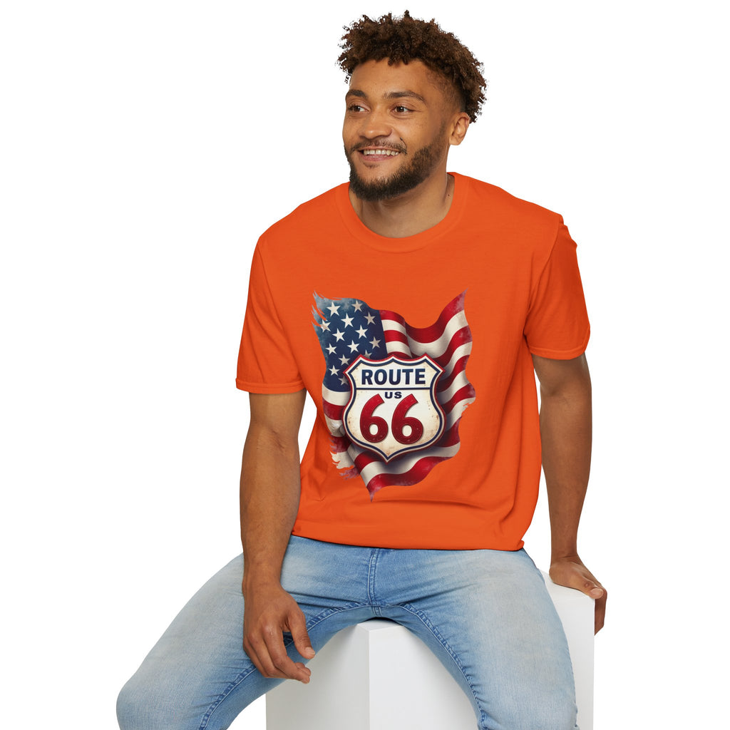 Route 66 Shield with American Flag T-Shirt | Vintage Road Trip Tee