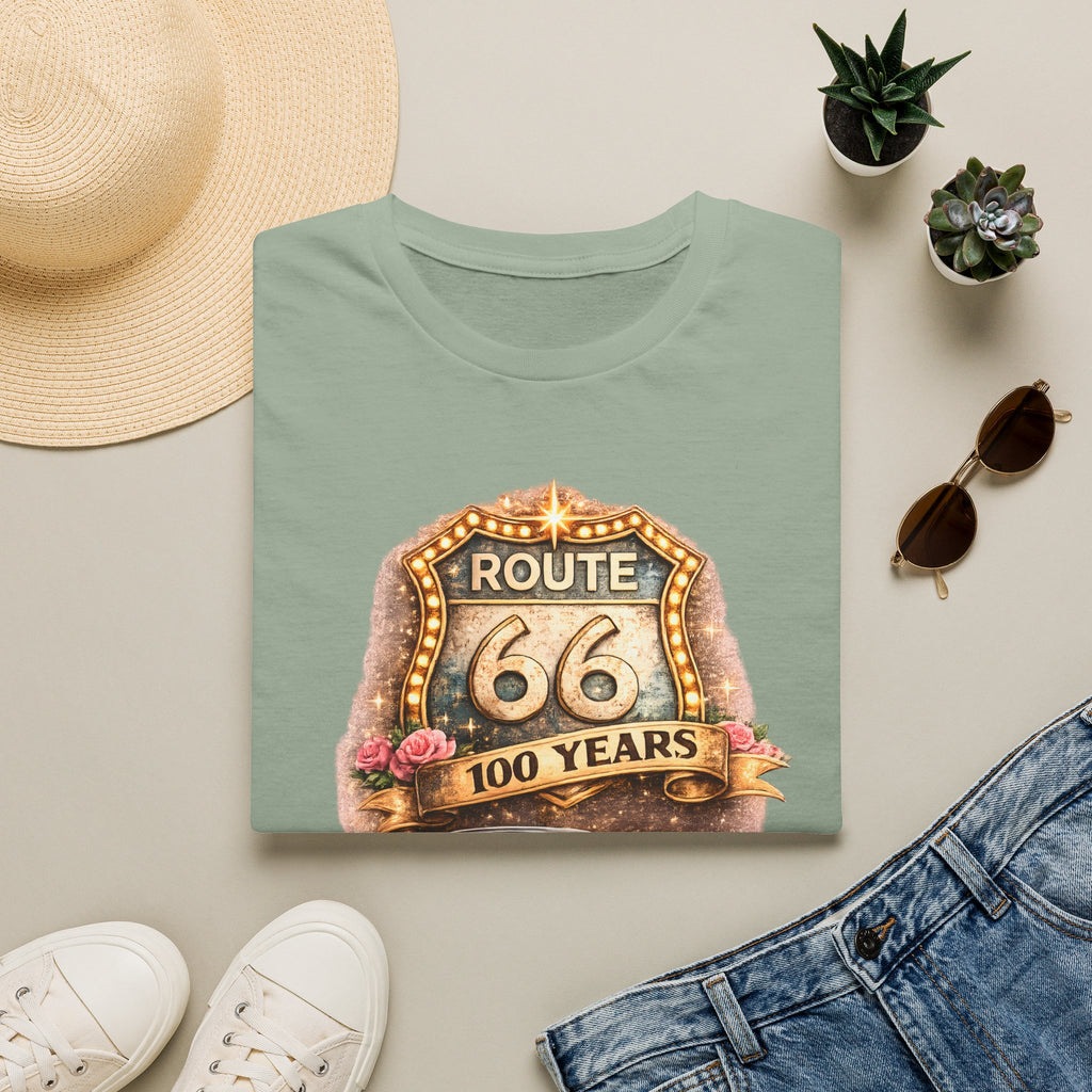 Route 66 100 Years Pink Classic Car T-Shirt | Vintage Road Trip Tee
