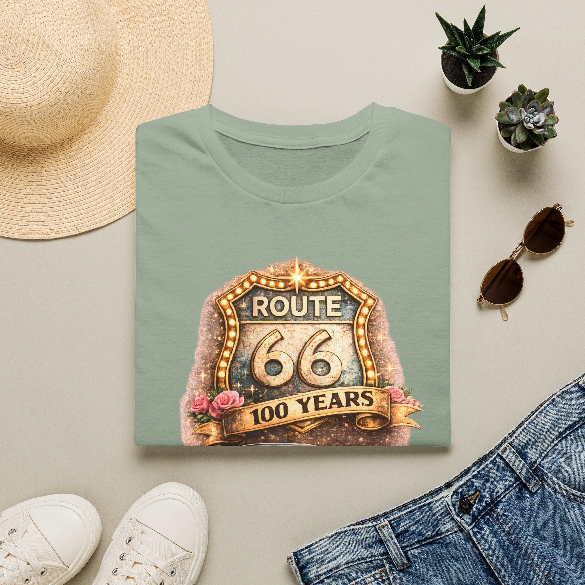 Route 66 100 Years Pink Classic Car T-Shirt | Vintage Road Trip Tee