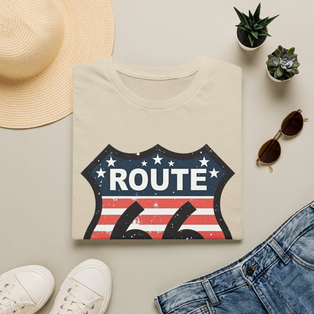 Route 66 Shield T-Shirt | American Flag Vintage Road Sign