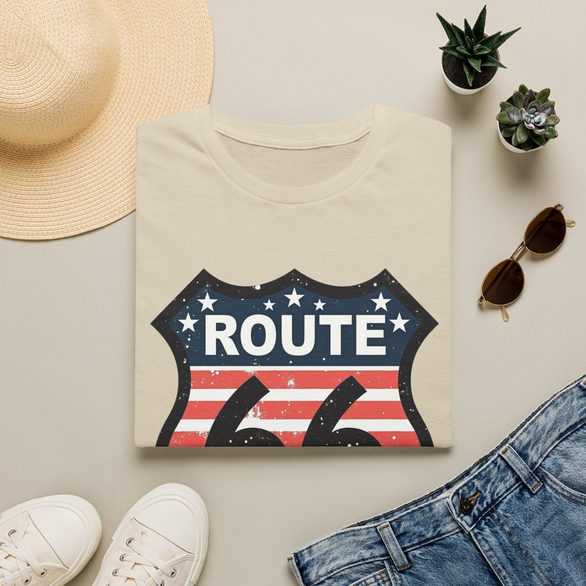 Route 66 Shield T-Shirt | American Flag Vintage Road Sign