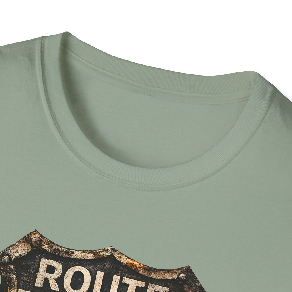 Route 66 Skull Badge T-Shirt | Ride the Legend, Winged Helmet Motorcycle Design