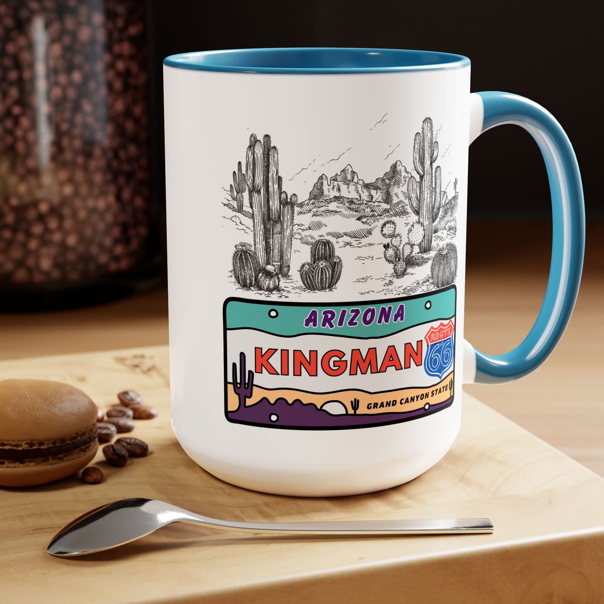 Kingman Arizona Route 66 Two-Tone Coffee Mugs, 15oz