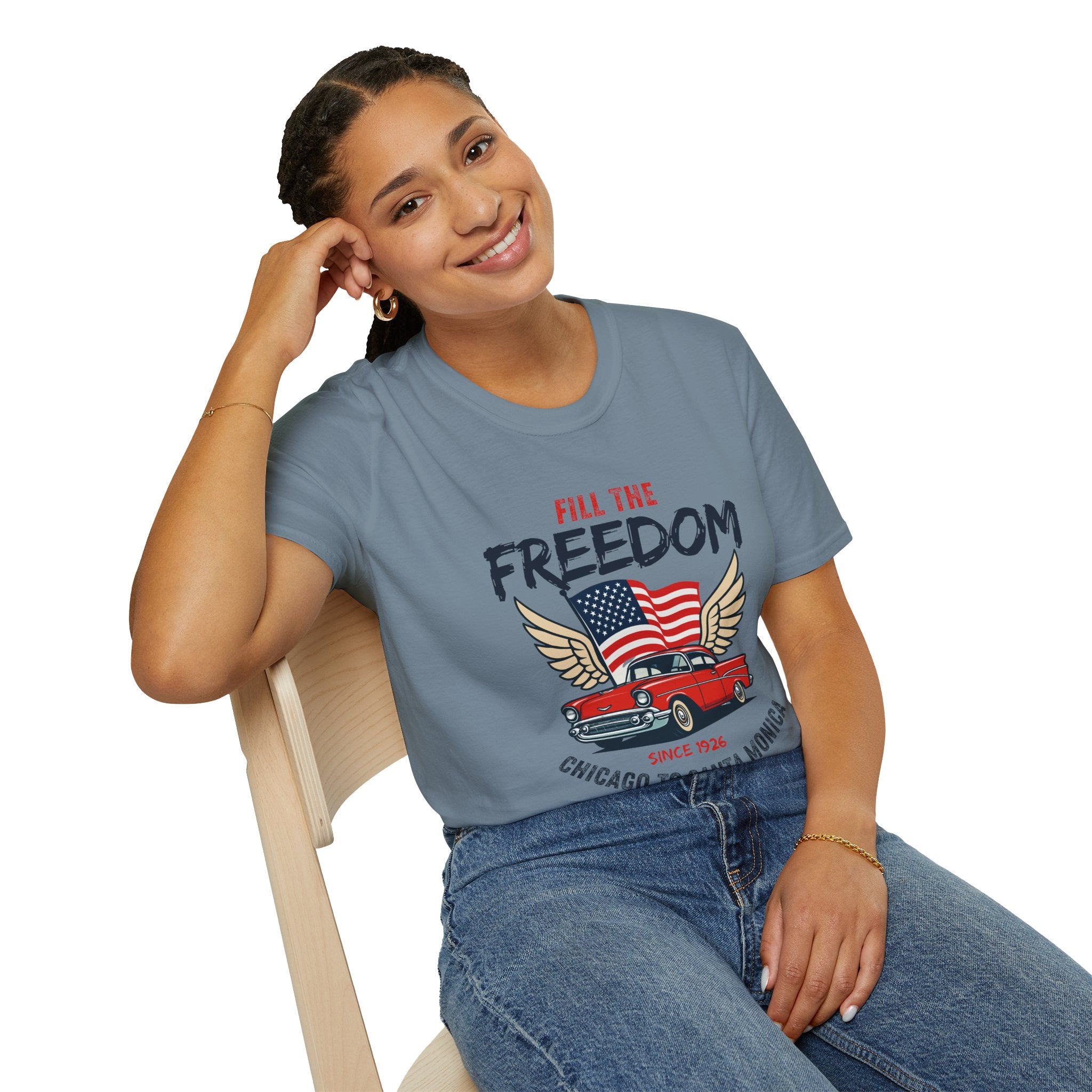 Fill the Freedom Vintage Car T-Shirt | American Flag Wings Chicago to Santa Monica Route 66