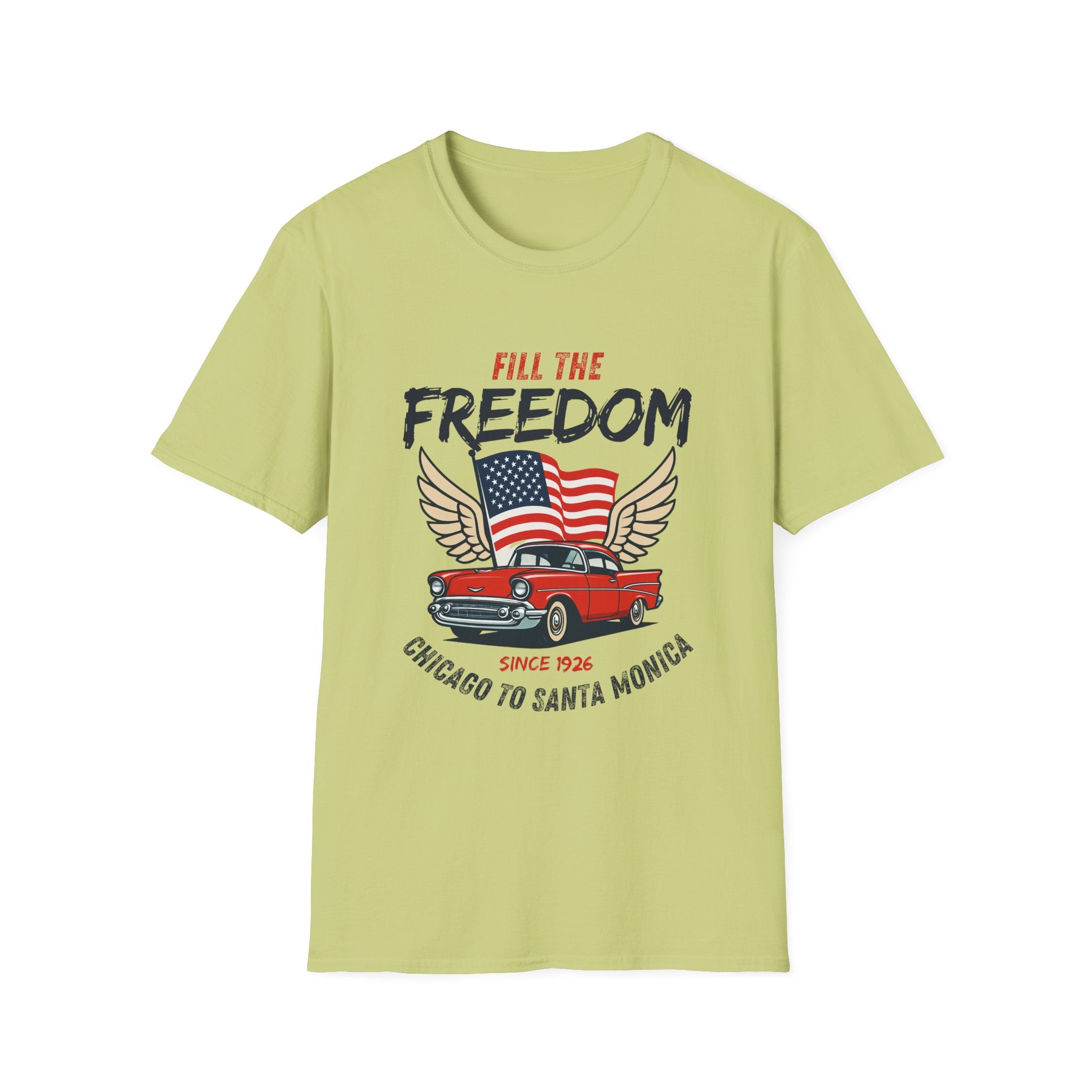 Fill the Freedom Vintage Car T-Shirt | American Flag Wings Chicago to Santa Monica