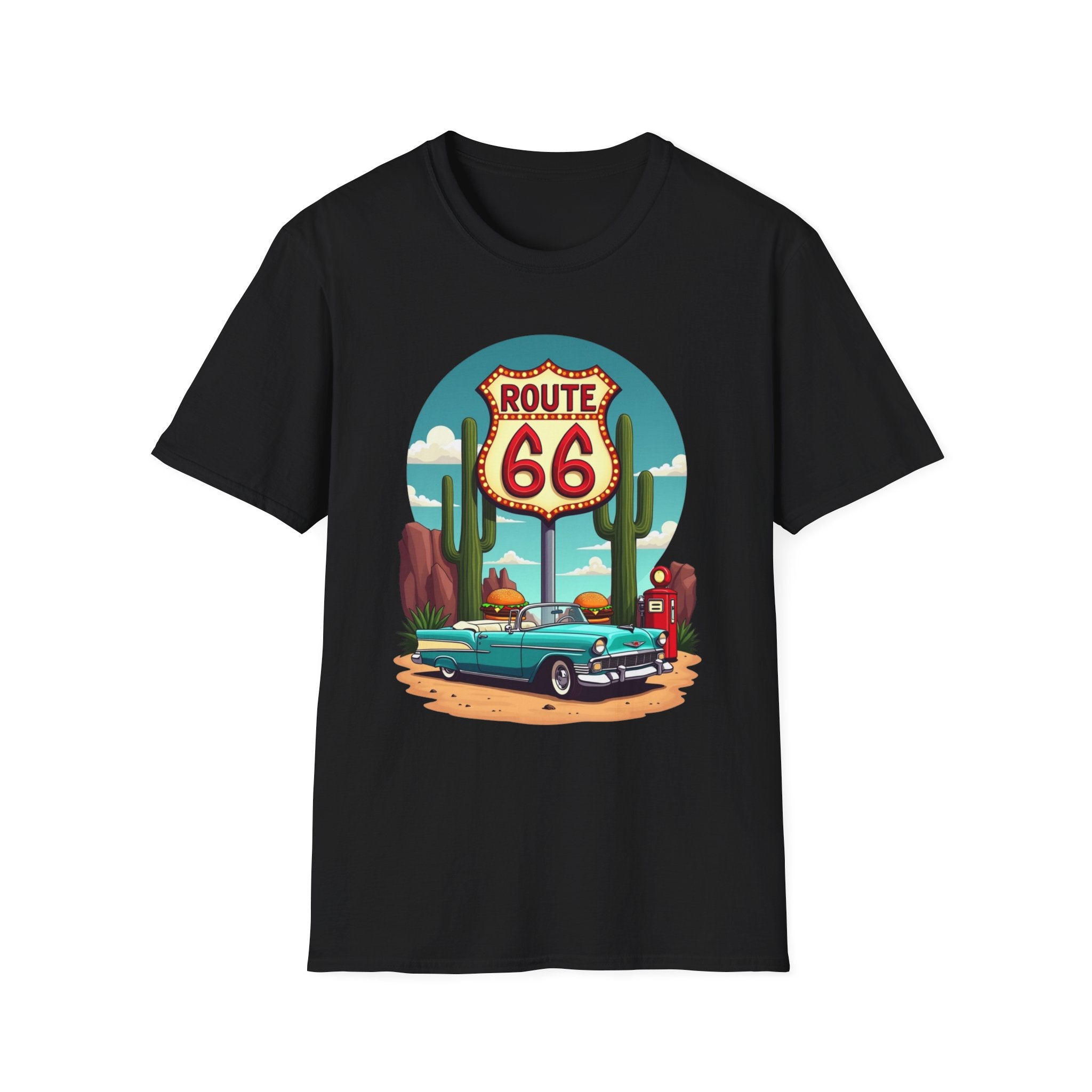 Route 66 Classic Car T-Shirt | Retro Desert Road Sign, Vintage Convertible