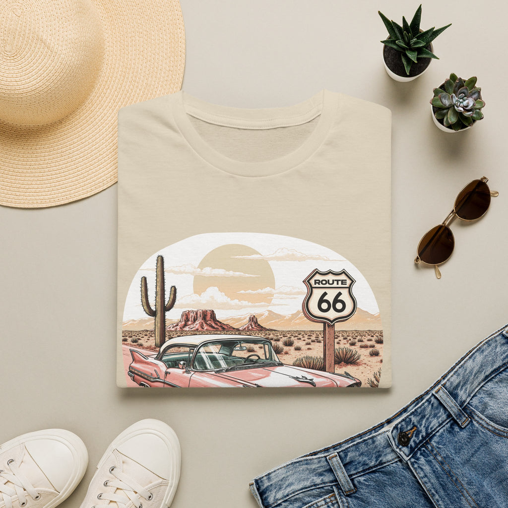 Retro Pink Classic Car Route 66 T-Shirt | Desert Cactus Vintage Roadtrip