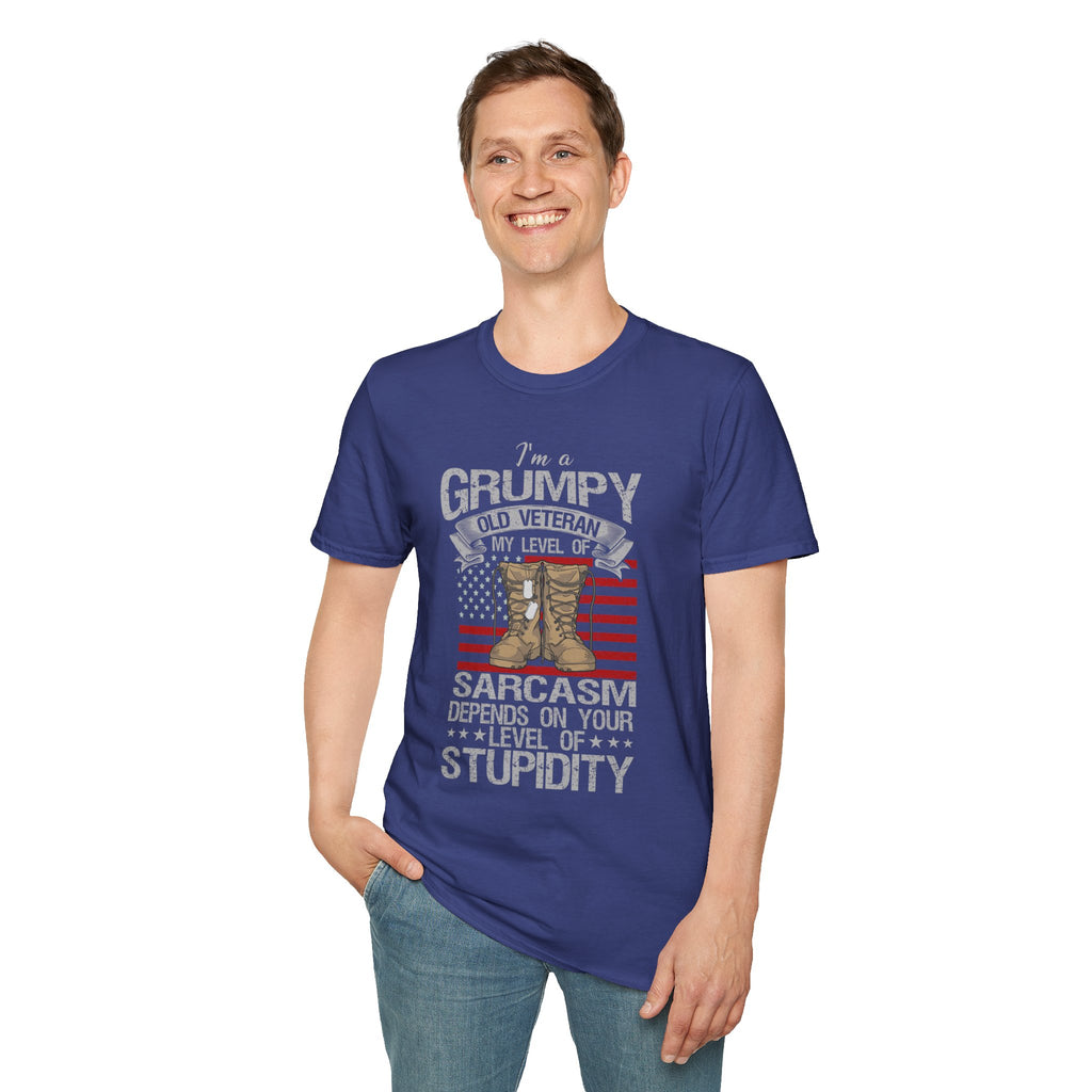 Grumpy Old Veteran Boots, T-Shirt | American Flag, Sarcasm Depends on Stupidity