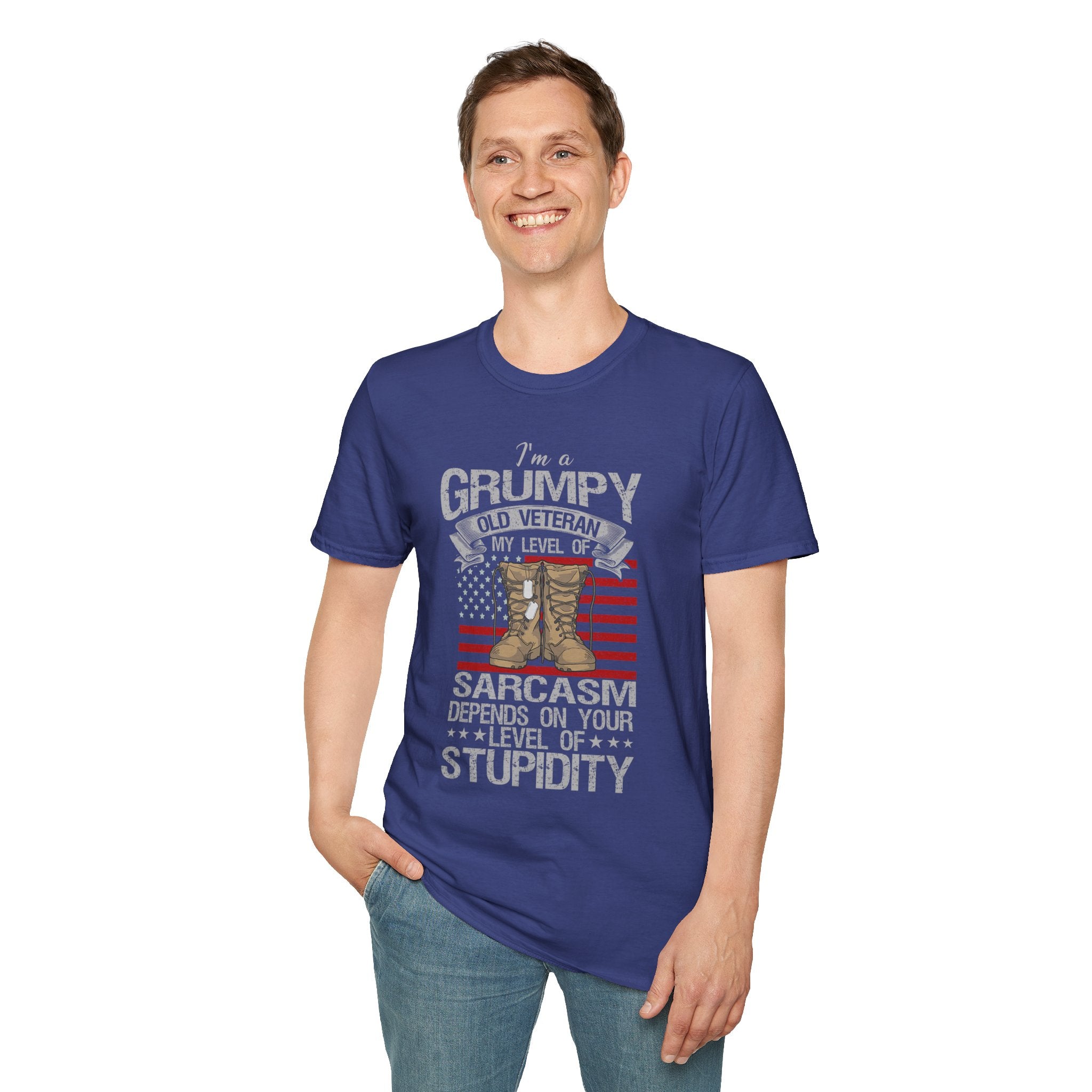 Grumpy Old Veteran Boots, T-Shirt | American Flag, Sarcasm Depends on Stupidity