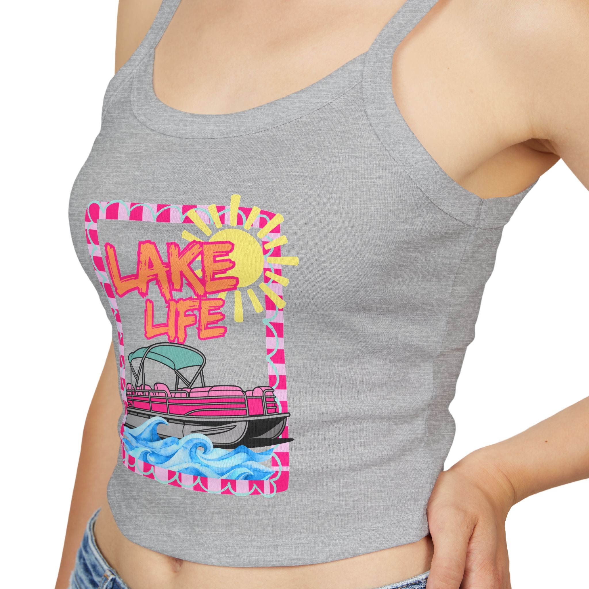 Lake Life Boat Graphic Tank Top | Retro Sunset Lakeside Design