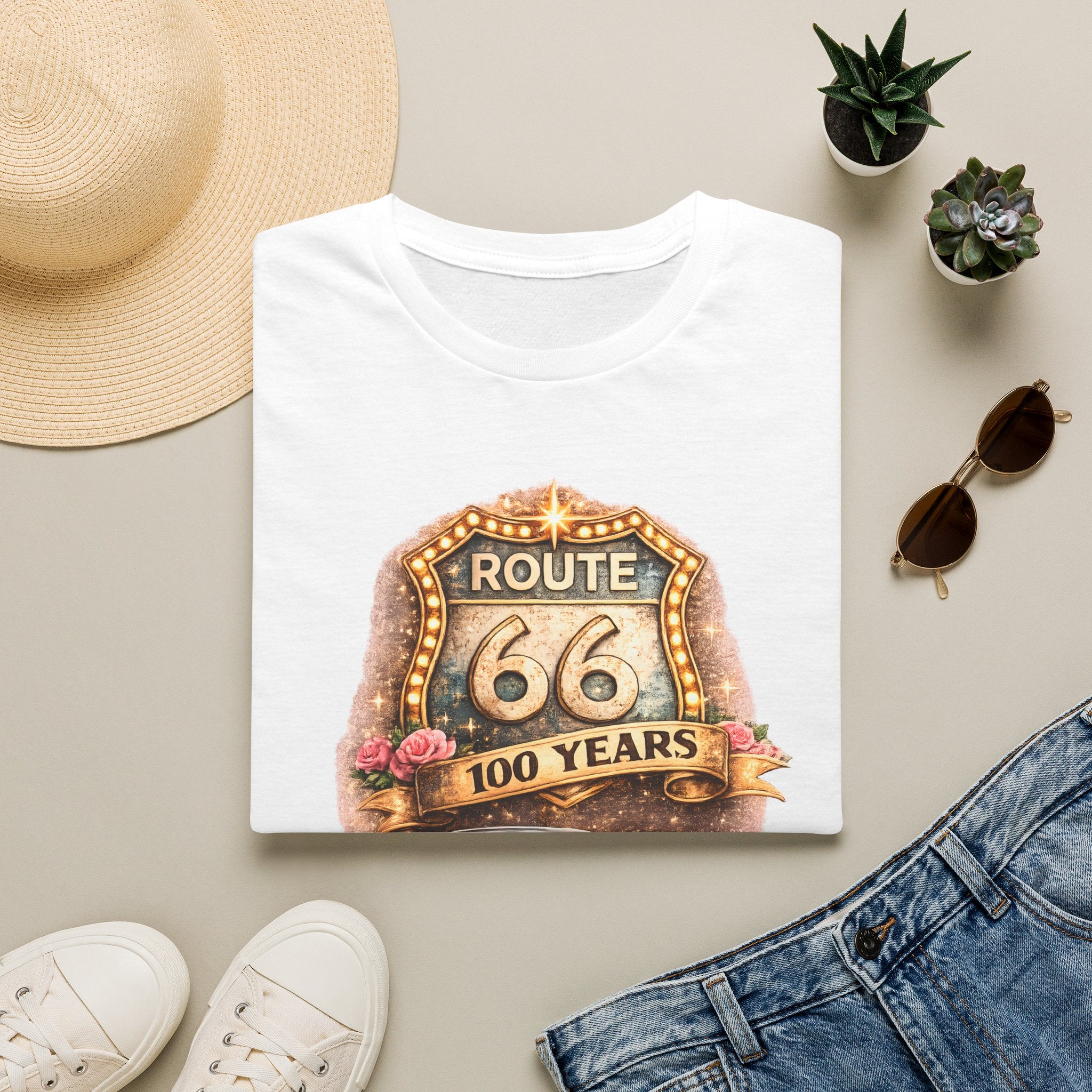 Route 66 100 Years Pink Classic Car T-Shirt | Vintage Road Trip Tee