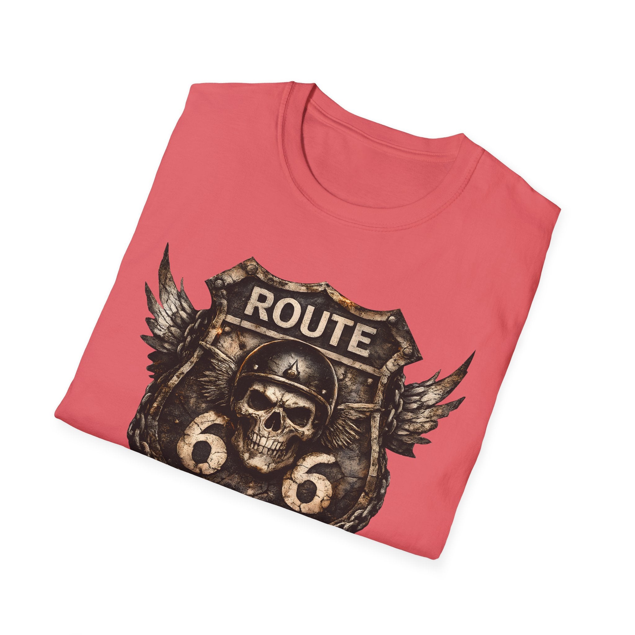 Route 66 Skull Badge T-Shirt | Ride the Legend, Winged Helmet Motorcycle Design