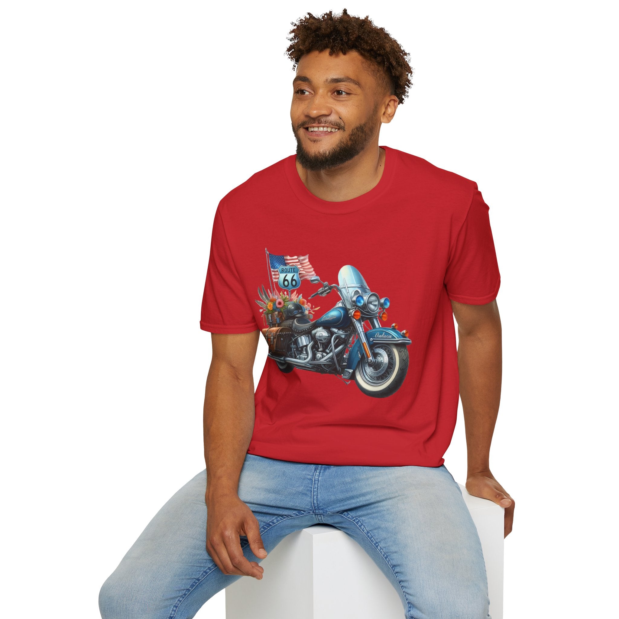 Route 66 Motorcycle Illustration T-Shirt | American Flag, Sunflowers