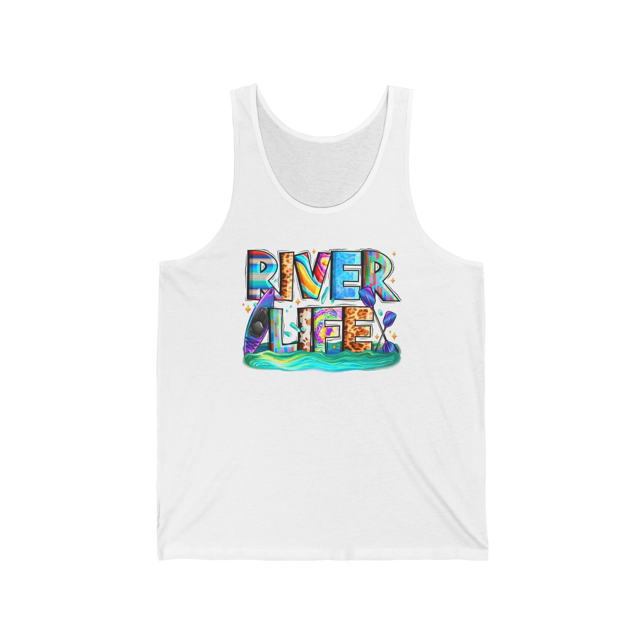 River Life tank | colorful water typography, kayak, nature summer design