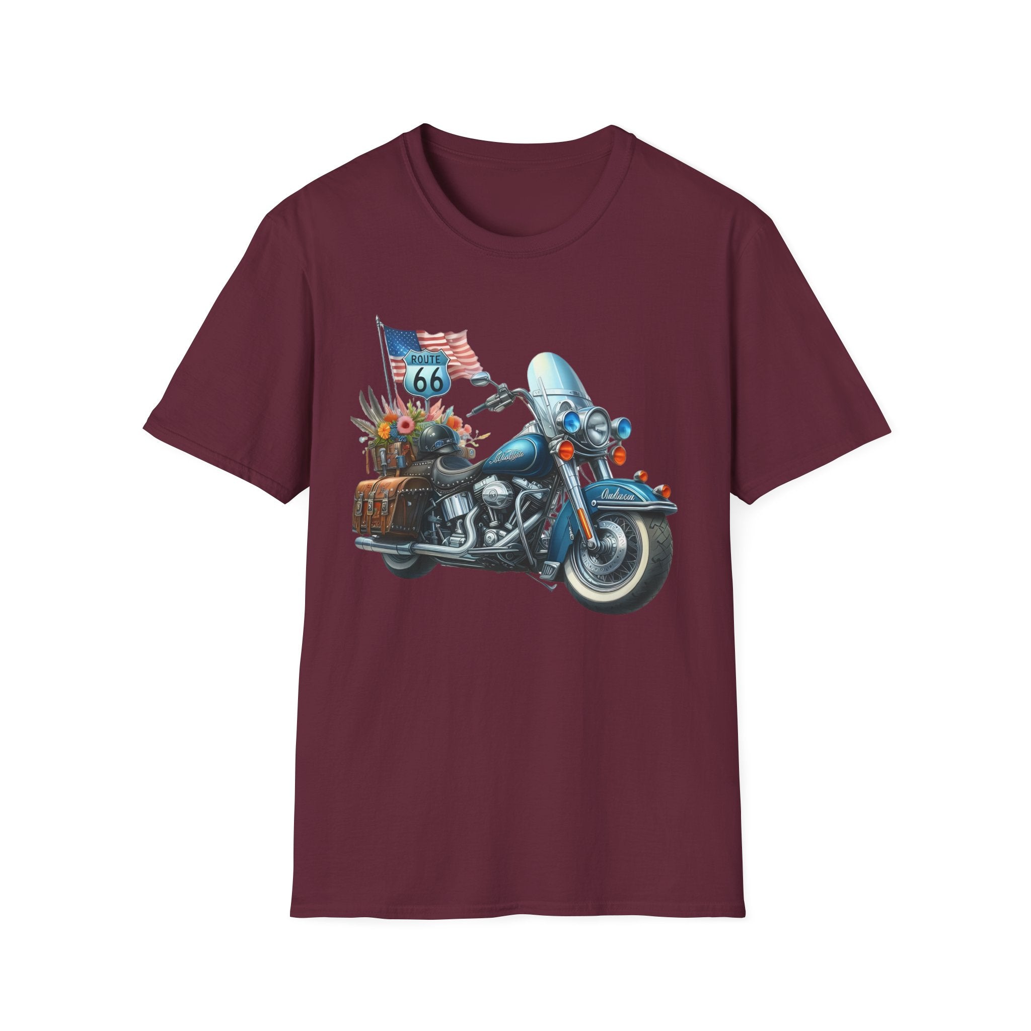 Route 66 Motorcycle Illustration T-Shirt | American Flag, Sunflowers