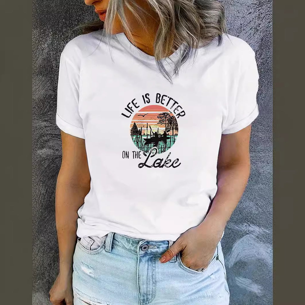 LAKE print round neck short sleeved T-shirt