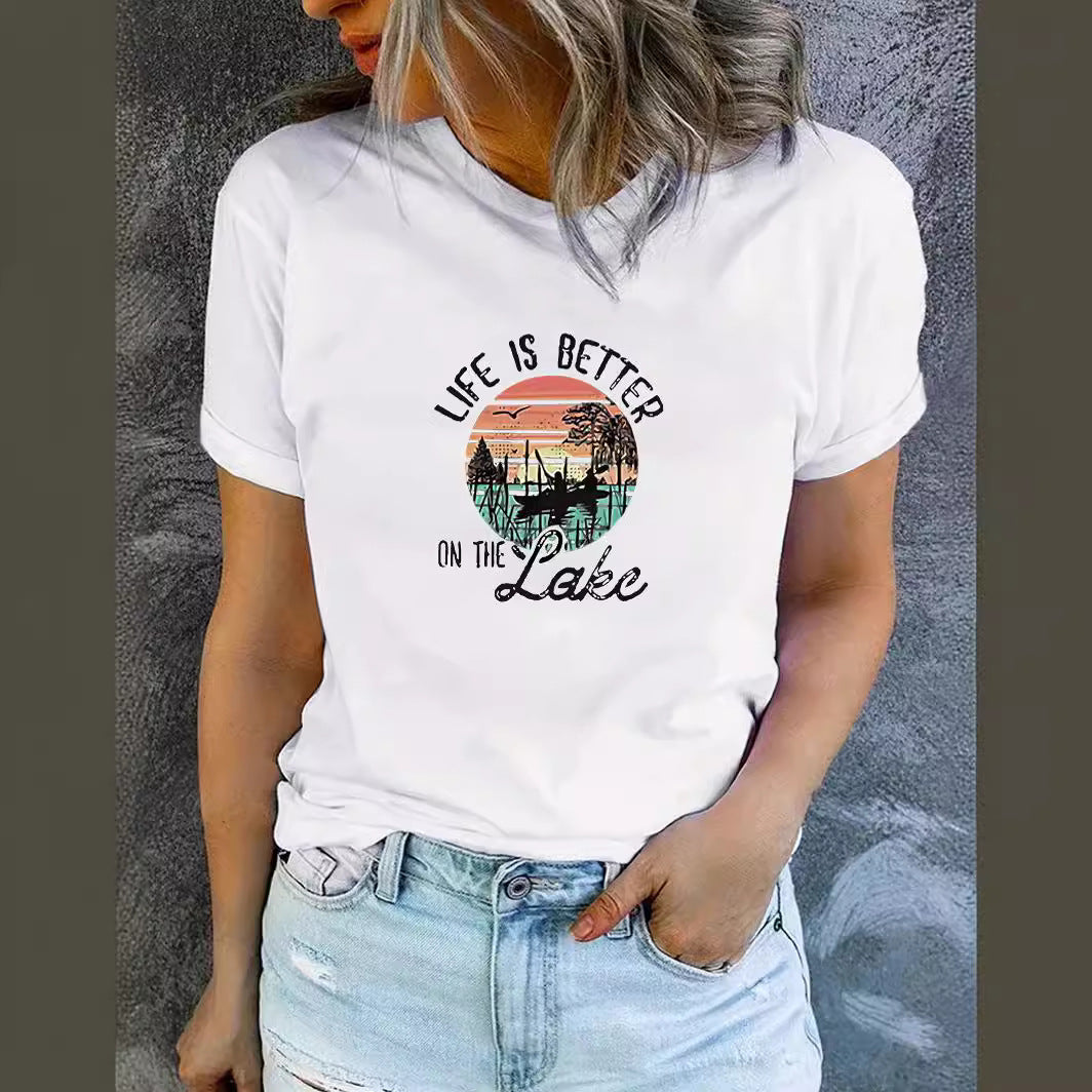 LAKE print round neck short sleeved T-shirt