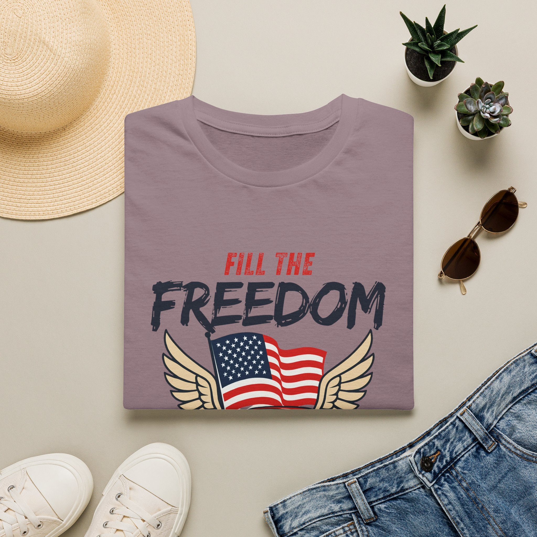 Fill the Freedom Vintage Car T-Shirt | American Flag Wings Chicago to Santa Monica Route 66