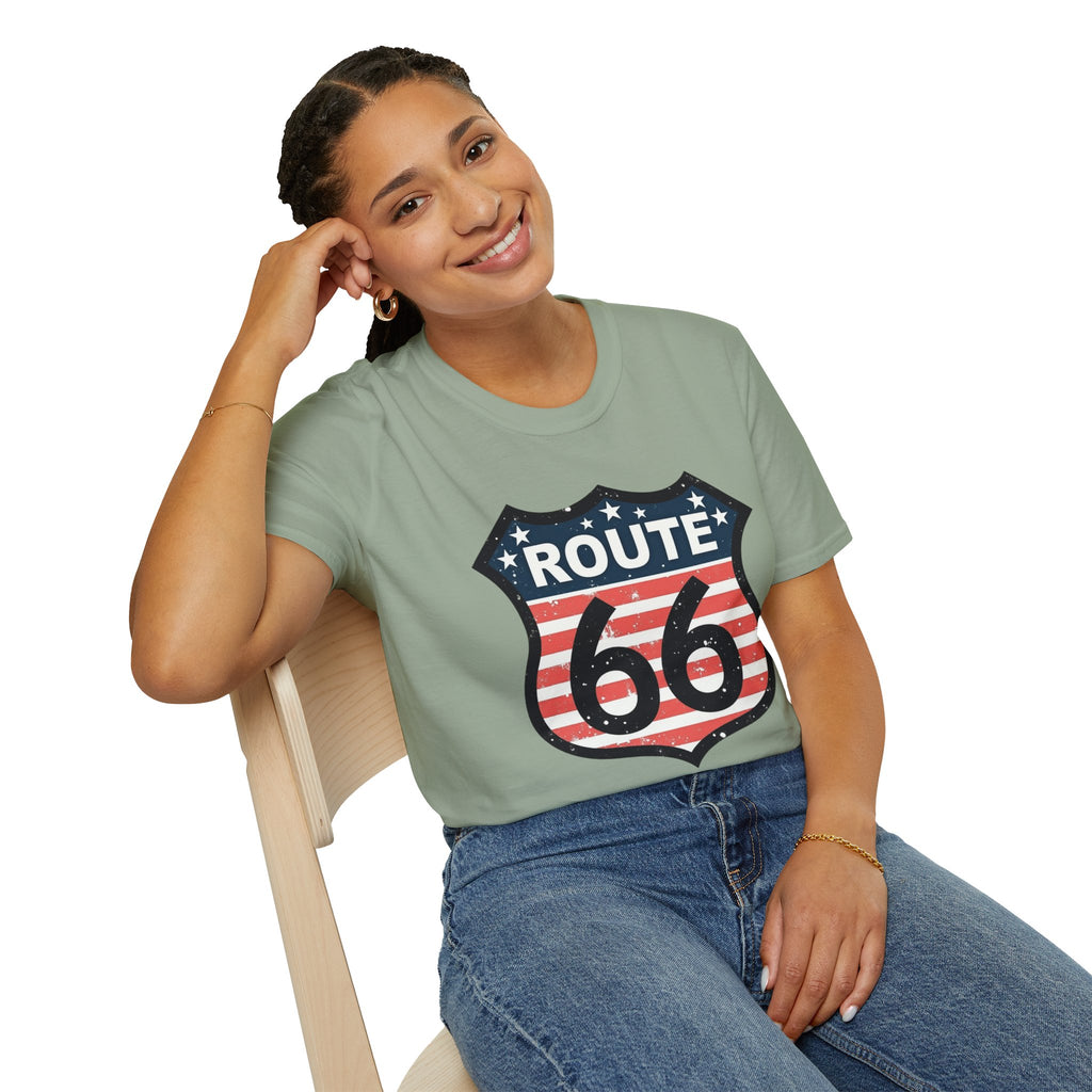 Route 66 Shield T-Shirt | American Flag Vintage Road Sign
