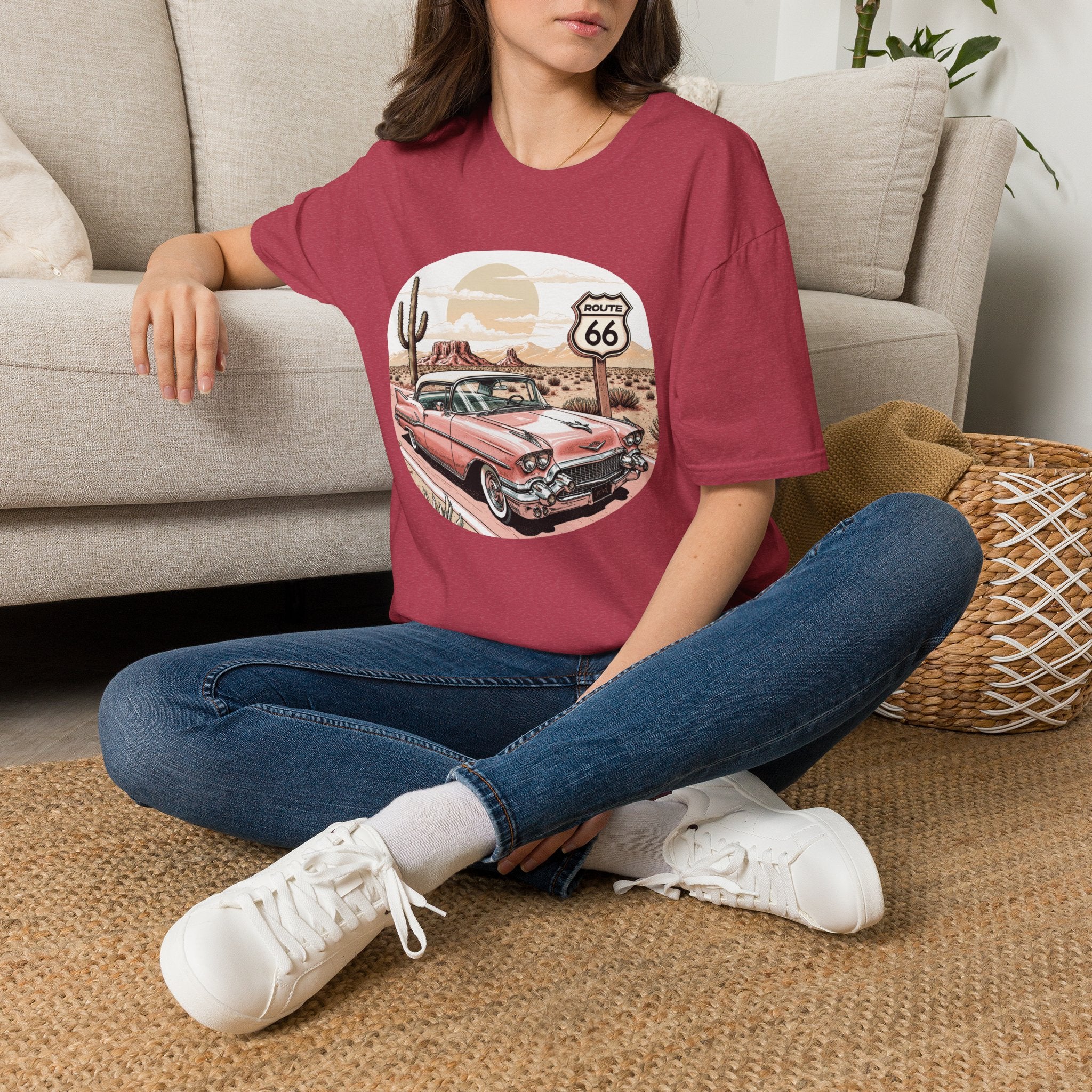 Retro Pink Classic Car Route 66 T-Shirt | Desert Cactus Vintage Roadtrip