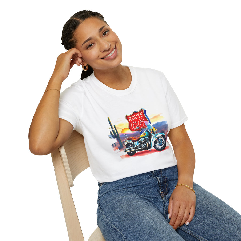 Route 66 Motorcycle T-Shirt | Desert Sunset Biker Graphic