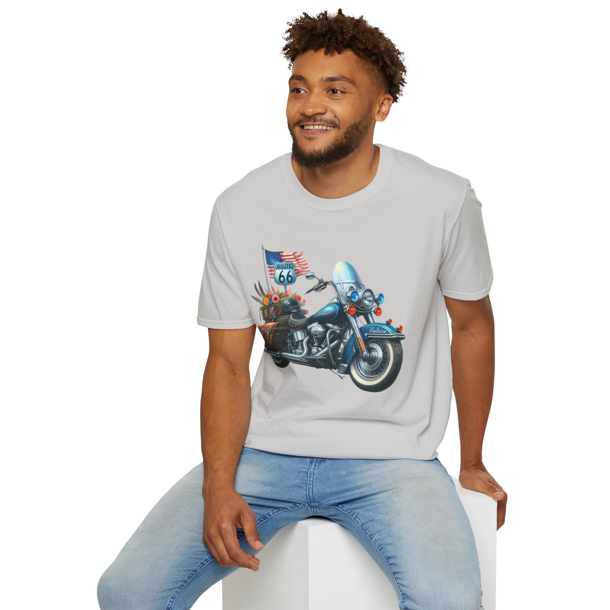 Route 66 Motorcycle Illustration T-Shirt | American Flag, Sunflowers