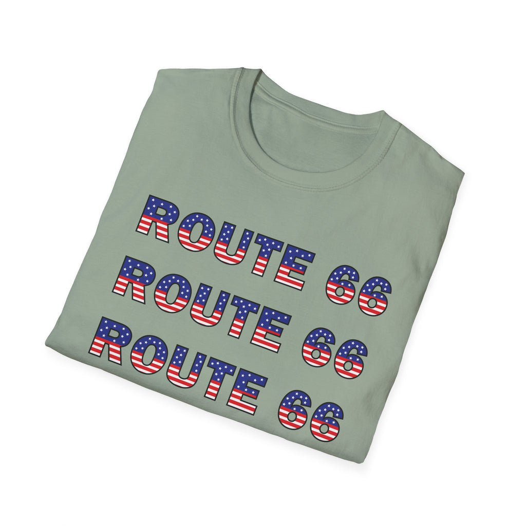 Route 66 Retro Text T-Shirt | American Flag Roadtrip Graphic