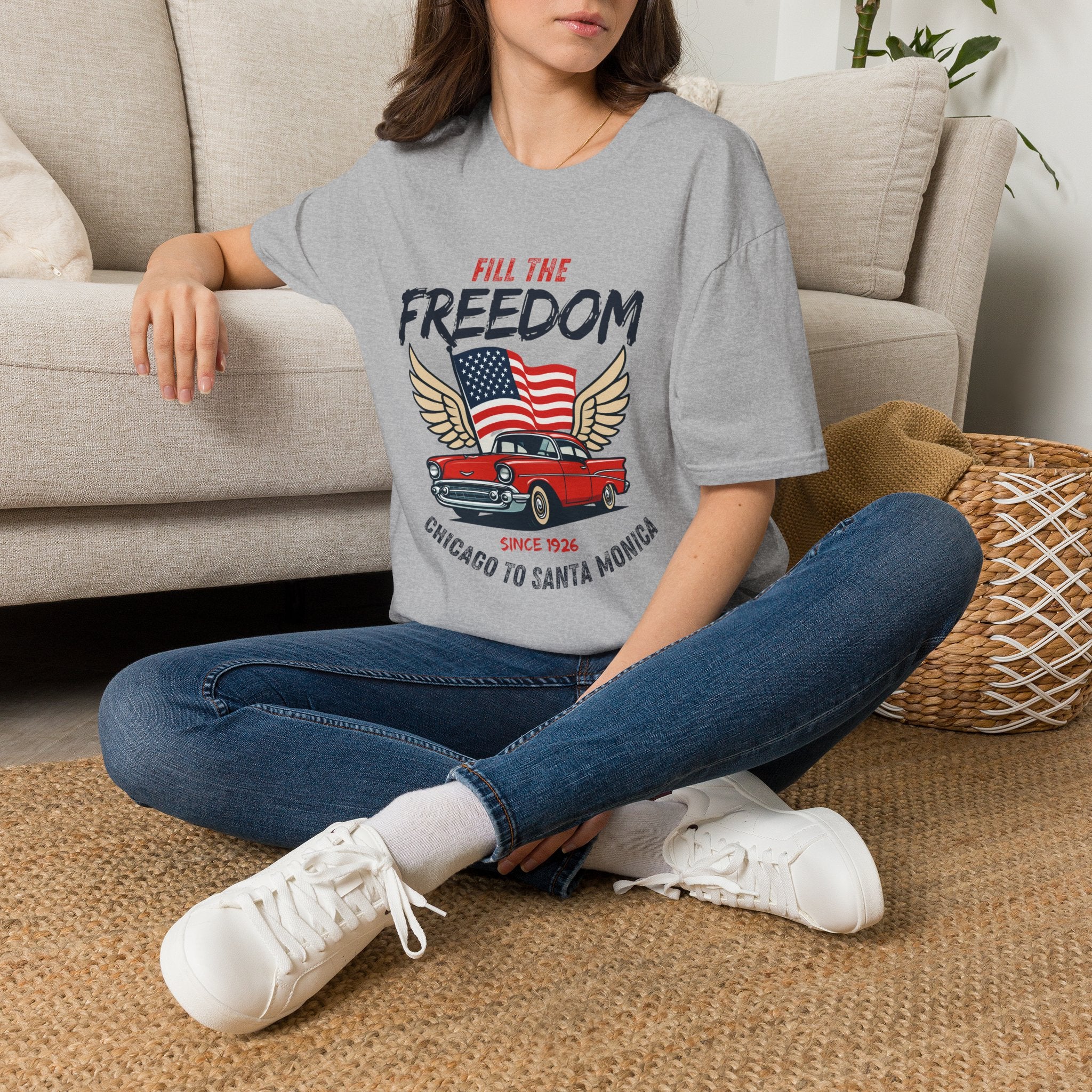 Fill the Freedom Vintage Car T-Shirt | American Flag Wings Chicago to Santa Monica Route 66