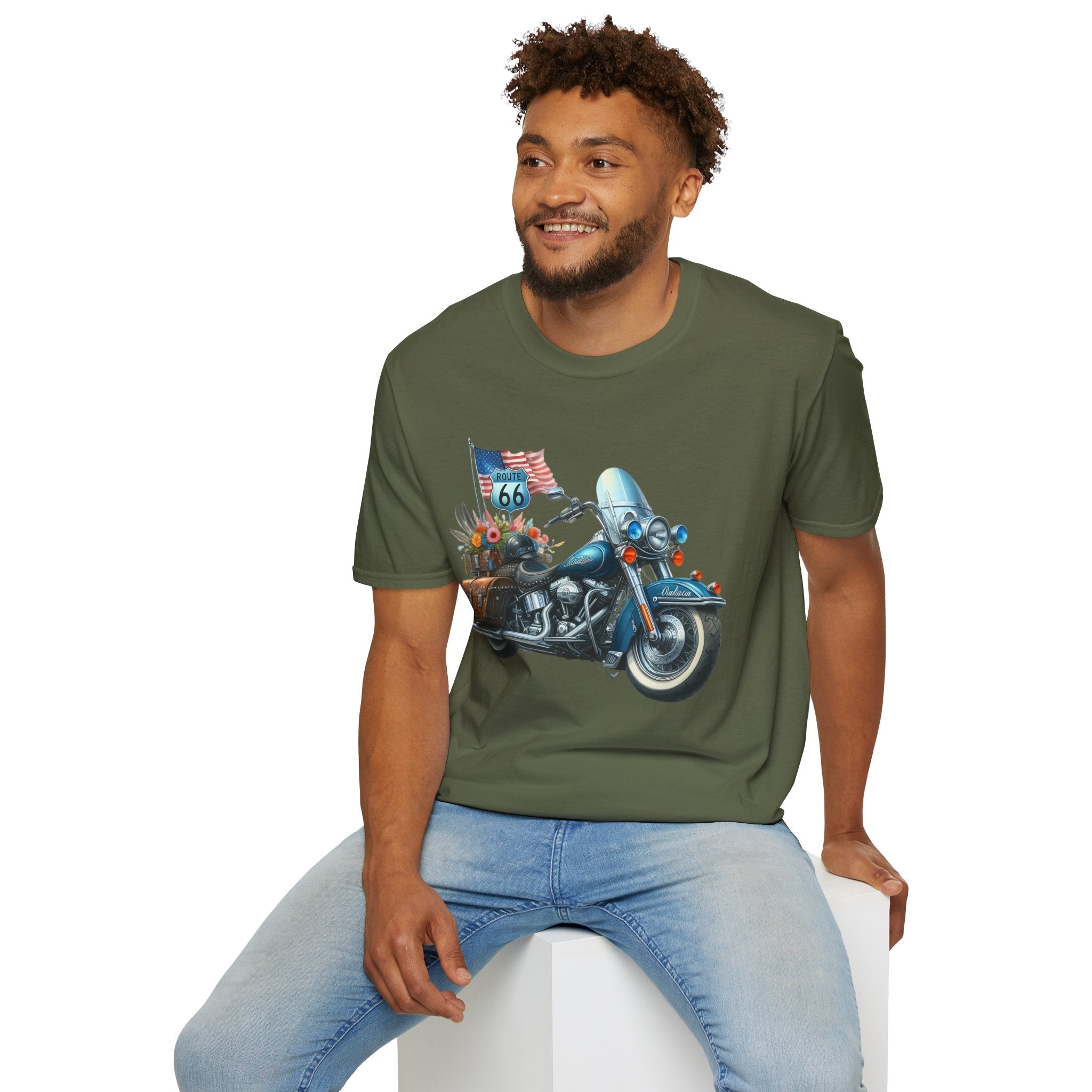 Route 66 Motorcycle Illustration T-Shirt | American Flag, Sunflowers