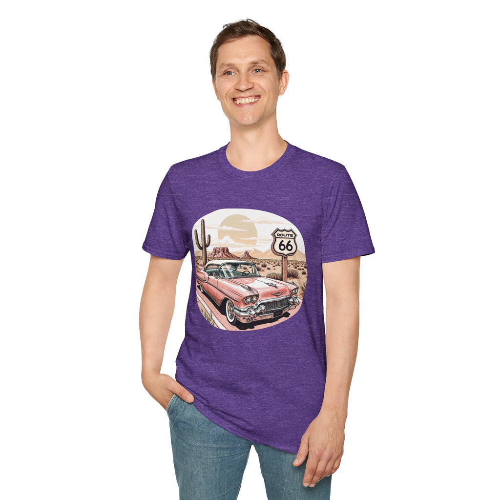 Retro Pink Classic Car Route 66 T-Shirt | Desert Cactus Vintage Roadtrip