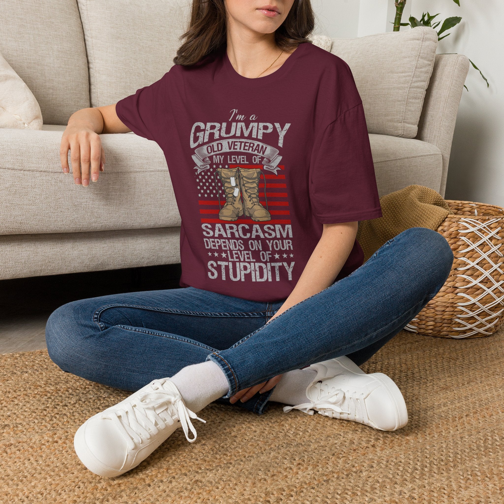 Grumpy Old Veteran Boots, T-Shirt | American Flag, Sarcasm Depends on Stupidity