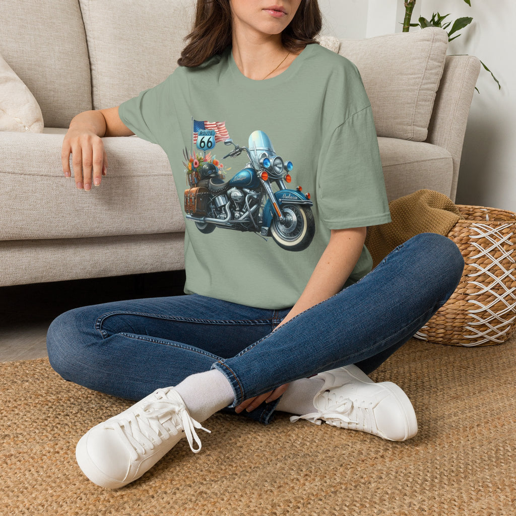 Route 66 Motorcycle Illustration T-Shirt | American Flag, Sunflowers