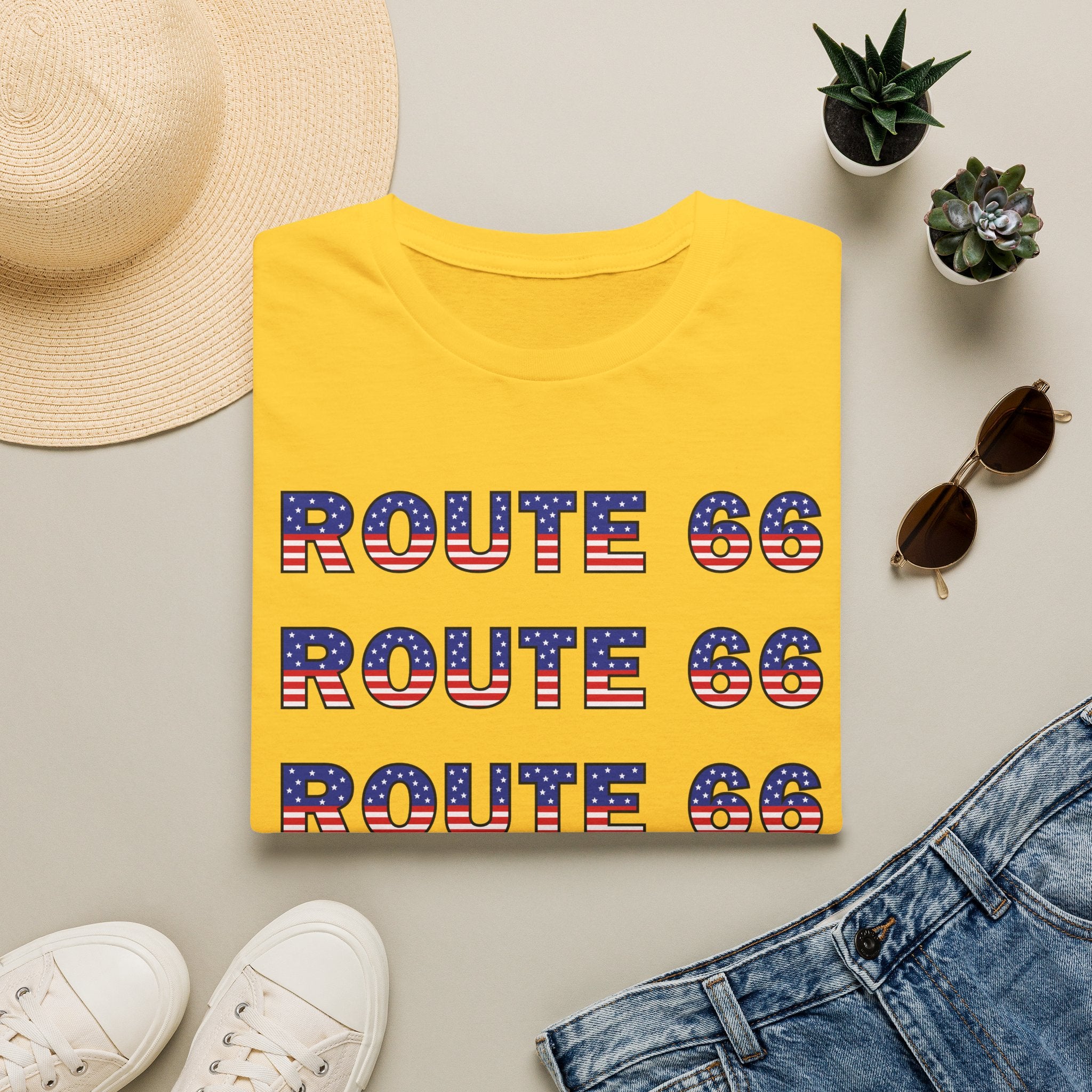 Route 66 Retro Text T-Shirt | American Flag Roadtrip Graphic