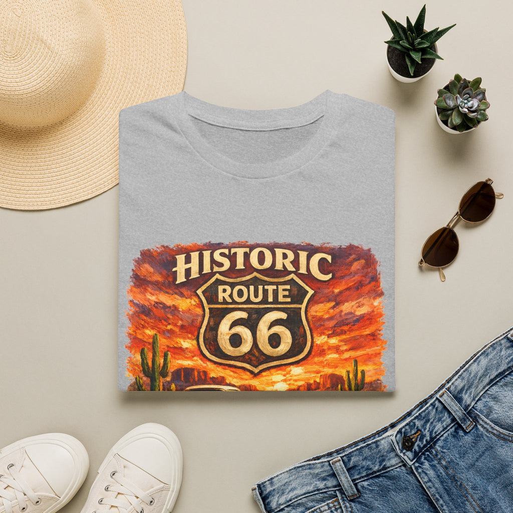 Historic Route 66 Road Trip T-Shirt | Vintage Car Desert Sunset