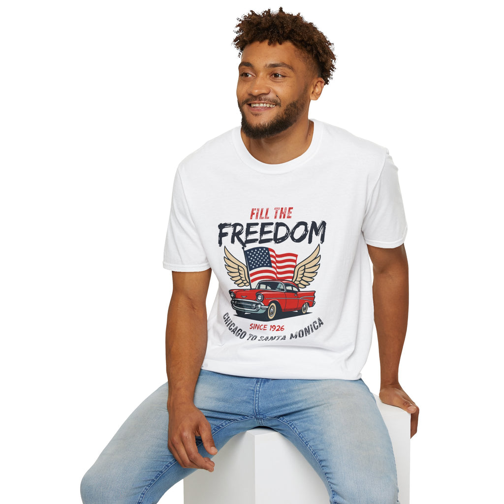 Fill the Freedom Vintage Car T-Shirt | American Flag Wings Chicago to Santa Monica Route 66