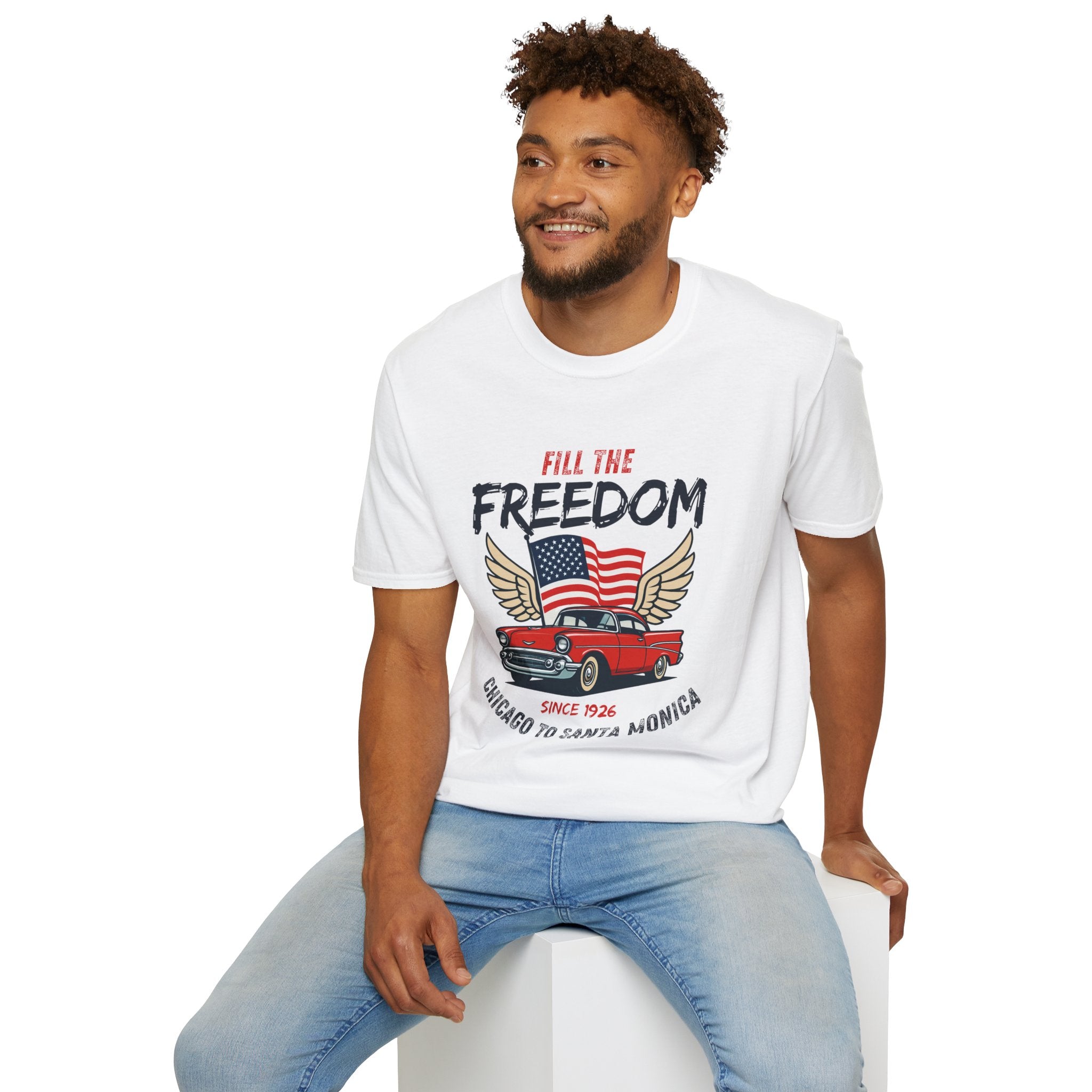 Fill the Freedom Vintage Car T-Shirt | American Flag Wings Chicago to Santa Monica Route 66