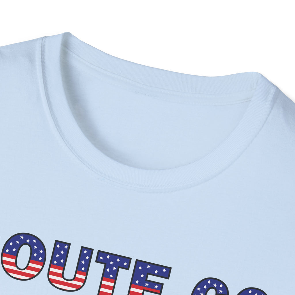 Route 66 Retro Text T-Shirt | American Flag Roadtrip Graphic