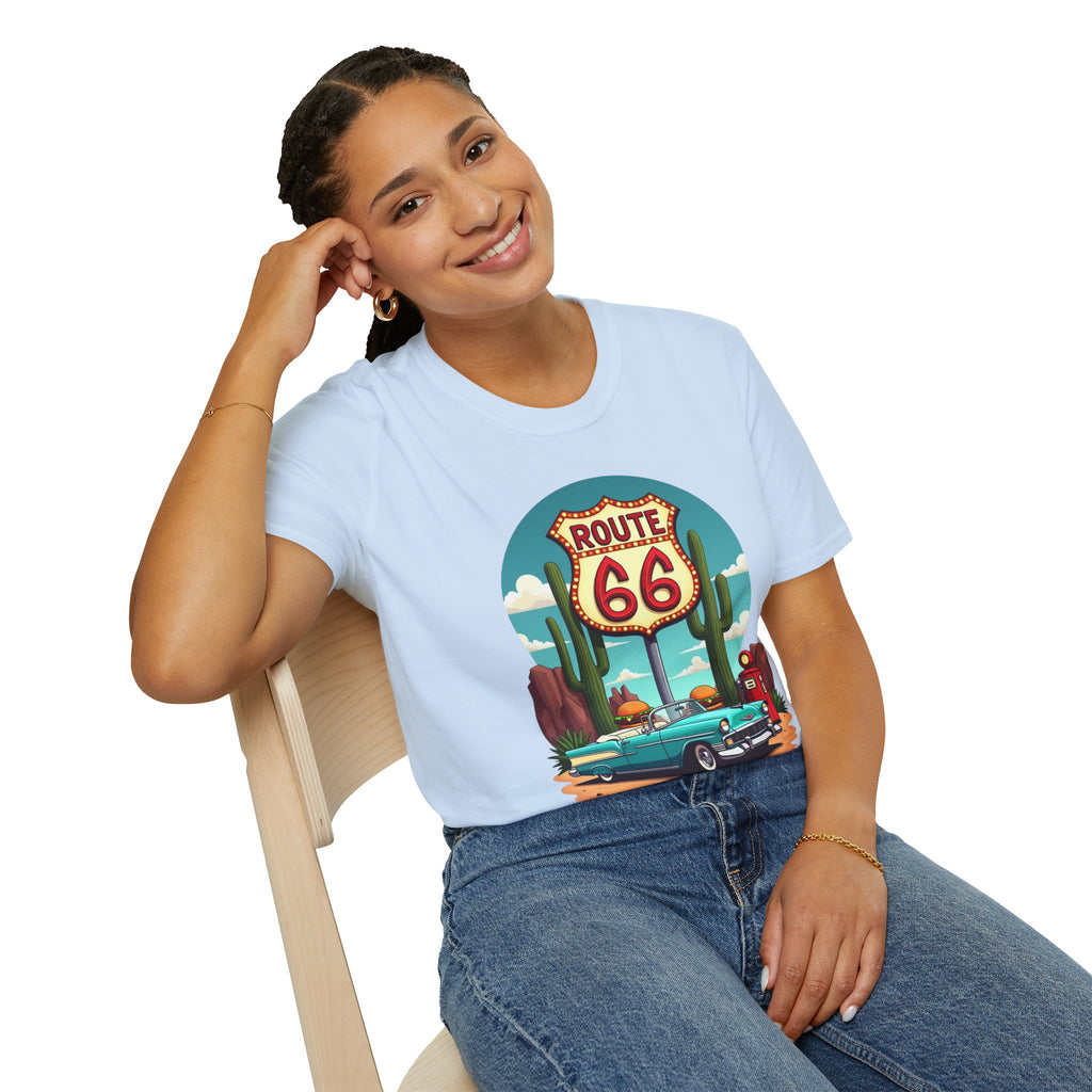 Route 66 Classic Car T-Shirt | Retro Desert Road Sign, Vintage Convertible