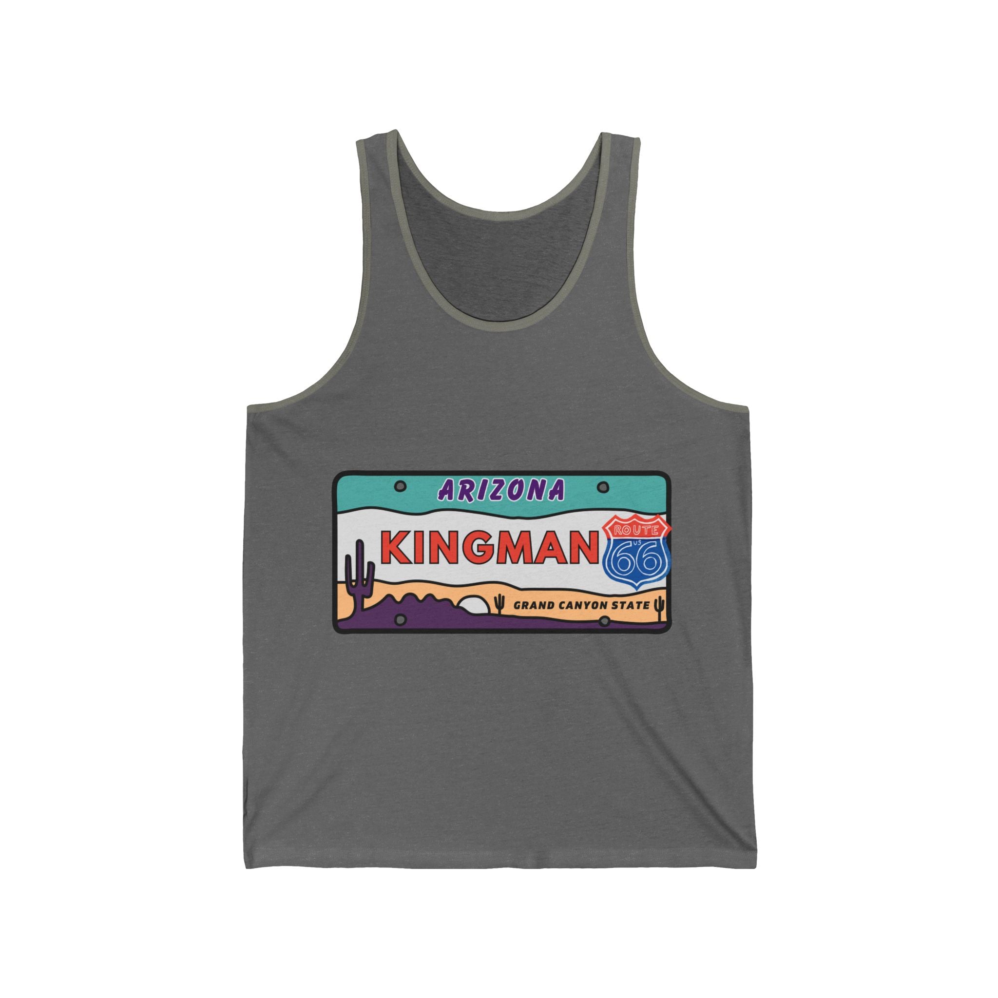 Kingman Tank Top Route 66 License Plate Unisex Jersey Tank, Mens Womans Graphic Sleeveless Shirt, Retro Vintage Road Trip Tee, Southwest