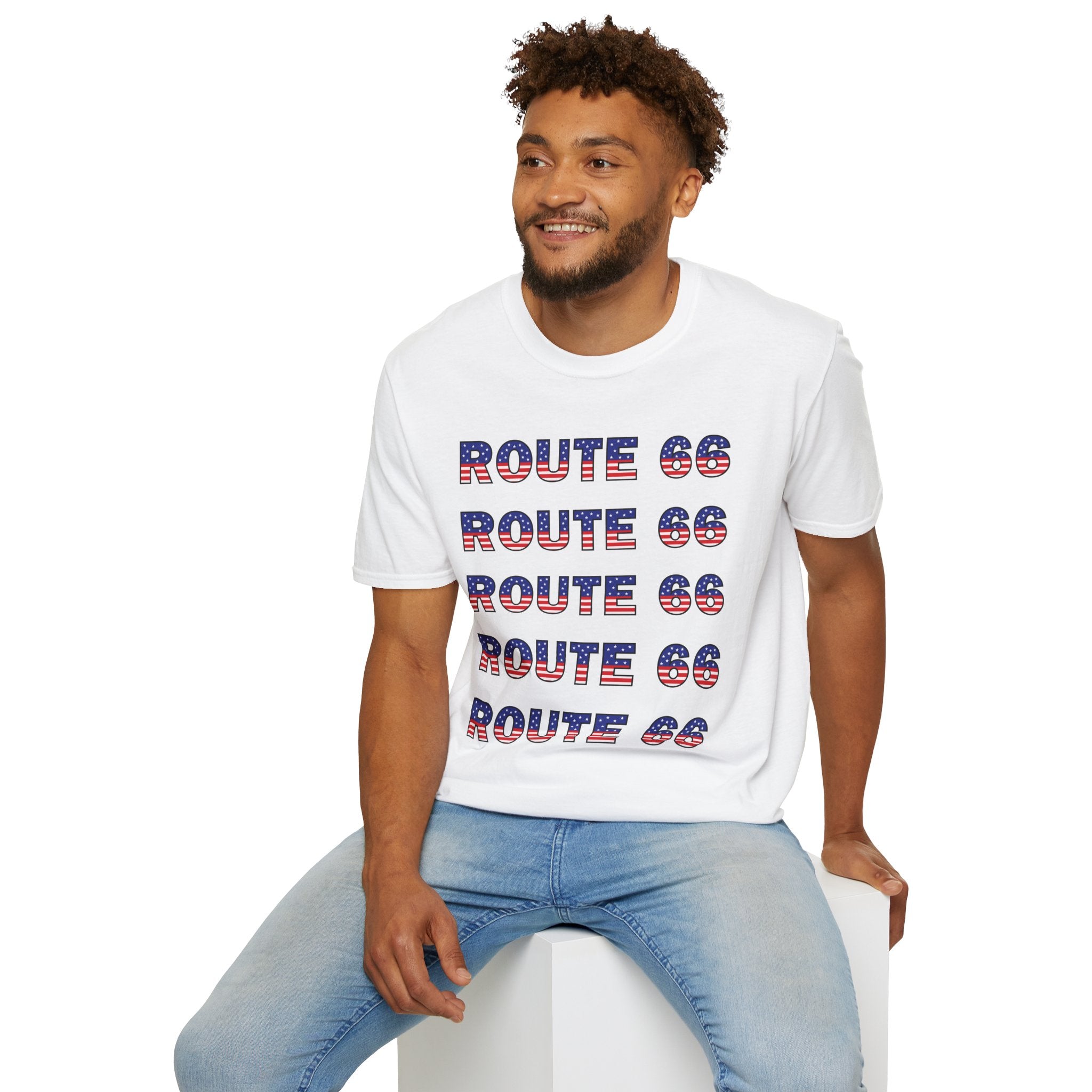 Route 66 Retro Text T-Shirt | American Flag Roadtrip Graphic