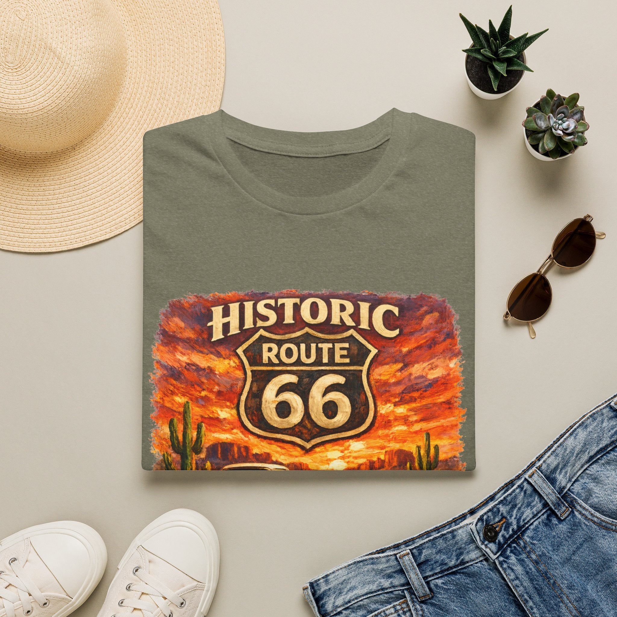 Historic Route 66 Road Trip T-Shirt | Vintage Car Desert Sunset