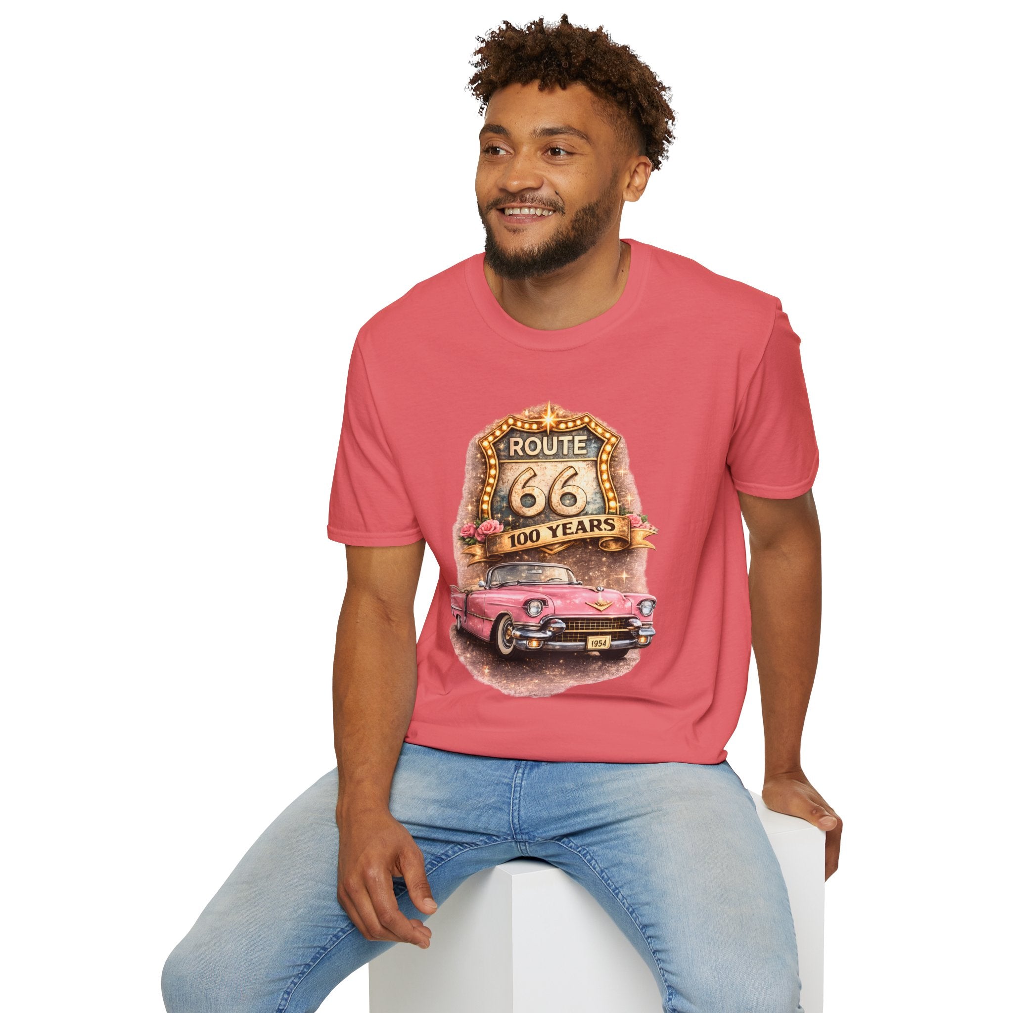 Route 66 100 Years Pink Classic Car T-Shirt | Vintage Road Trip Tee