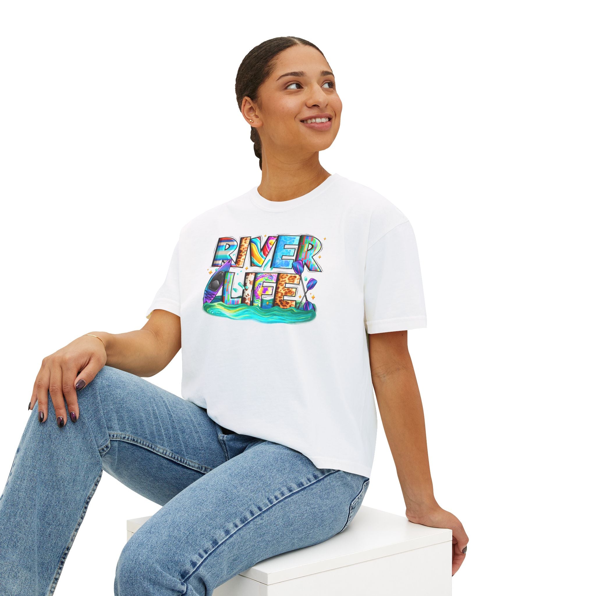 River Life boxy tee | colorful river lettering, kayak, fishing graphics