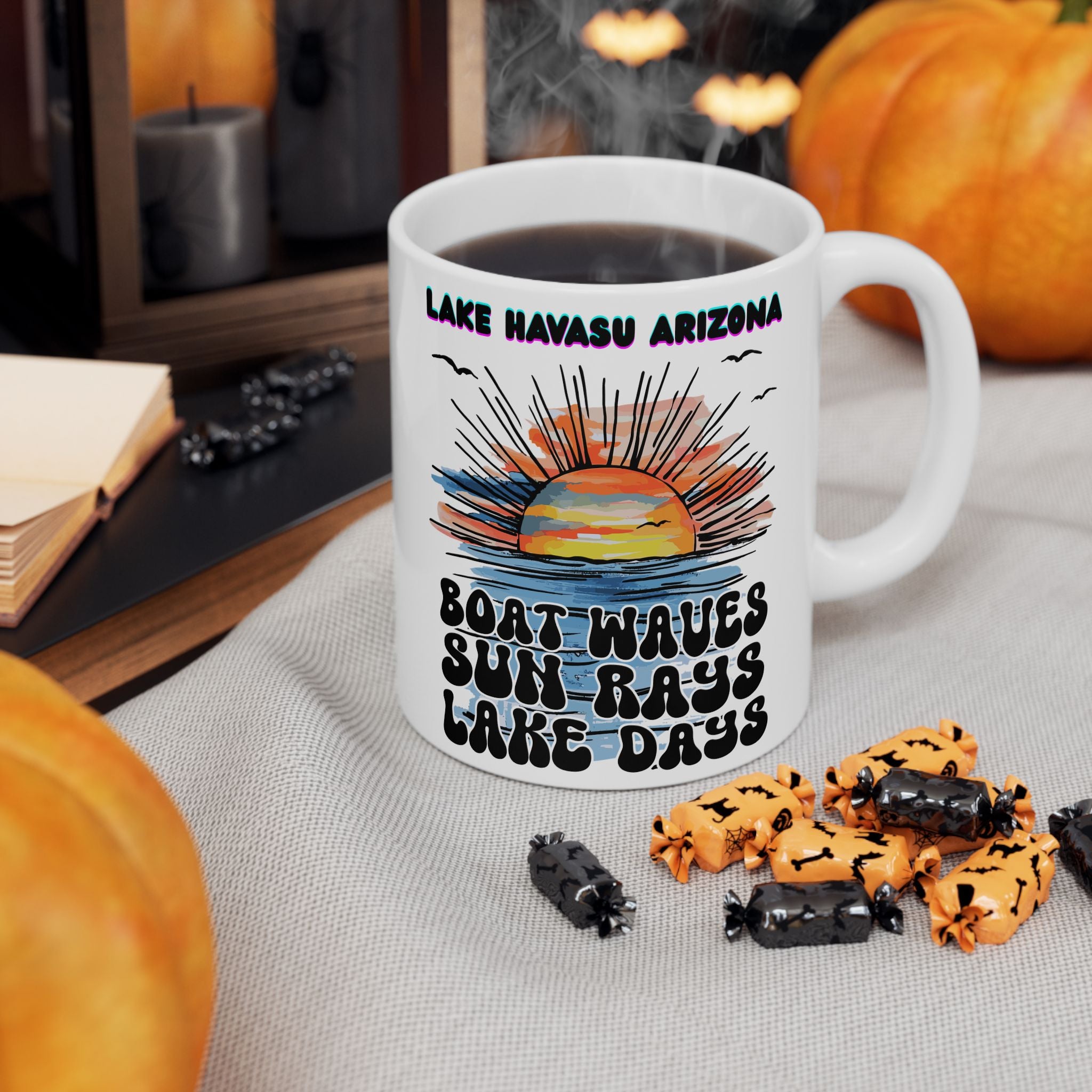 Lake Havasu Arizona Sunset Boat Waves Sun Rays Lake Days Mug | Retro Beach Sunrise Ceramic Mug