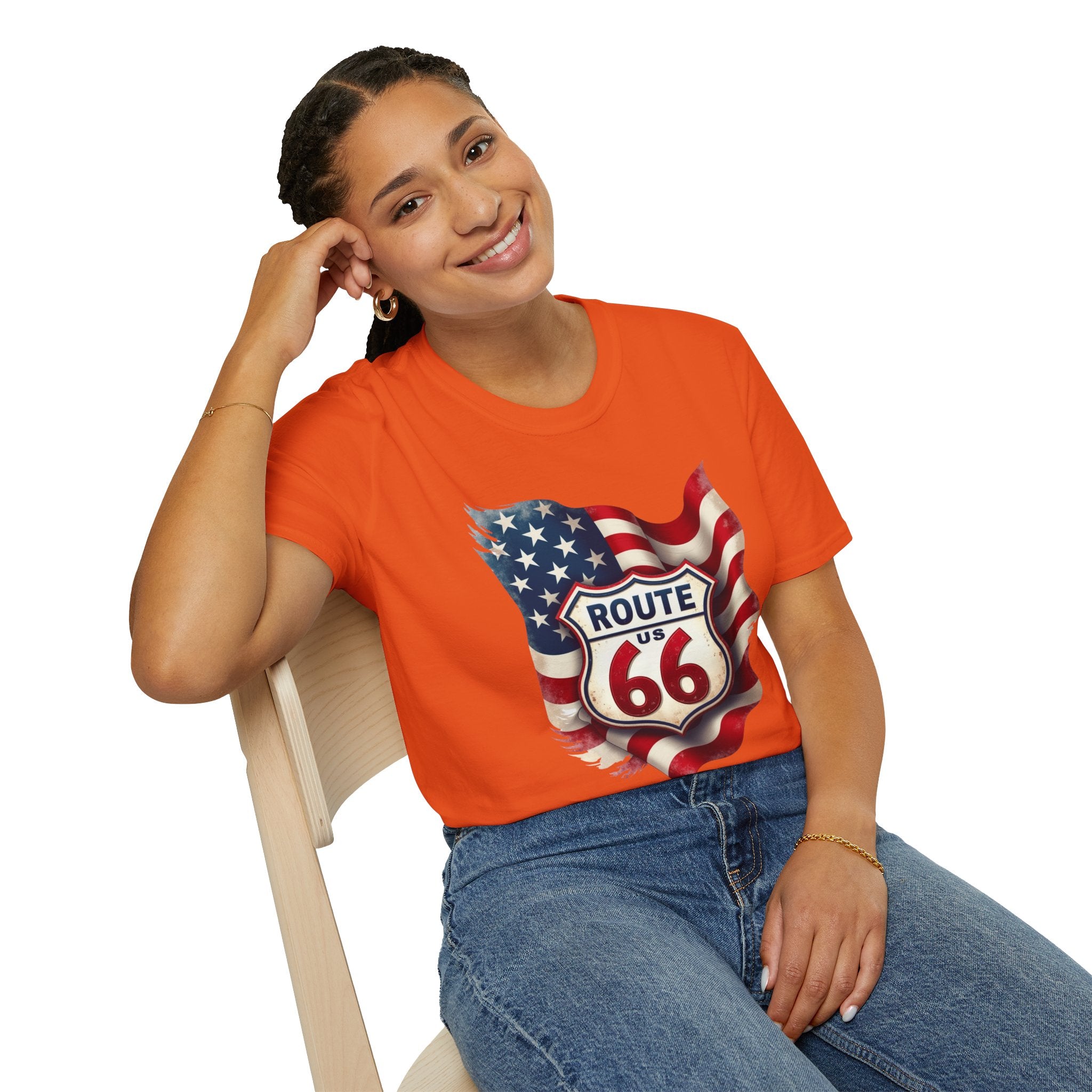Route 66 Shield with American Flag T-Shirt | Vintage Road Trip Tee