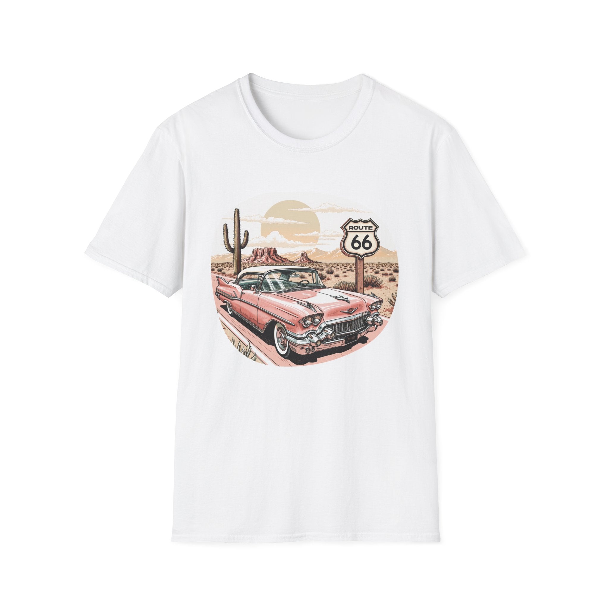 Retro Pink Classic Car Route 66 T-Shirt | Desert Cactus Vintage Roadtrip