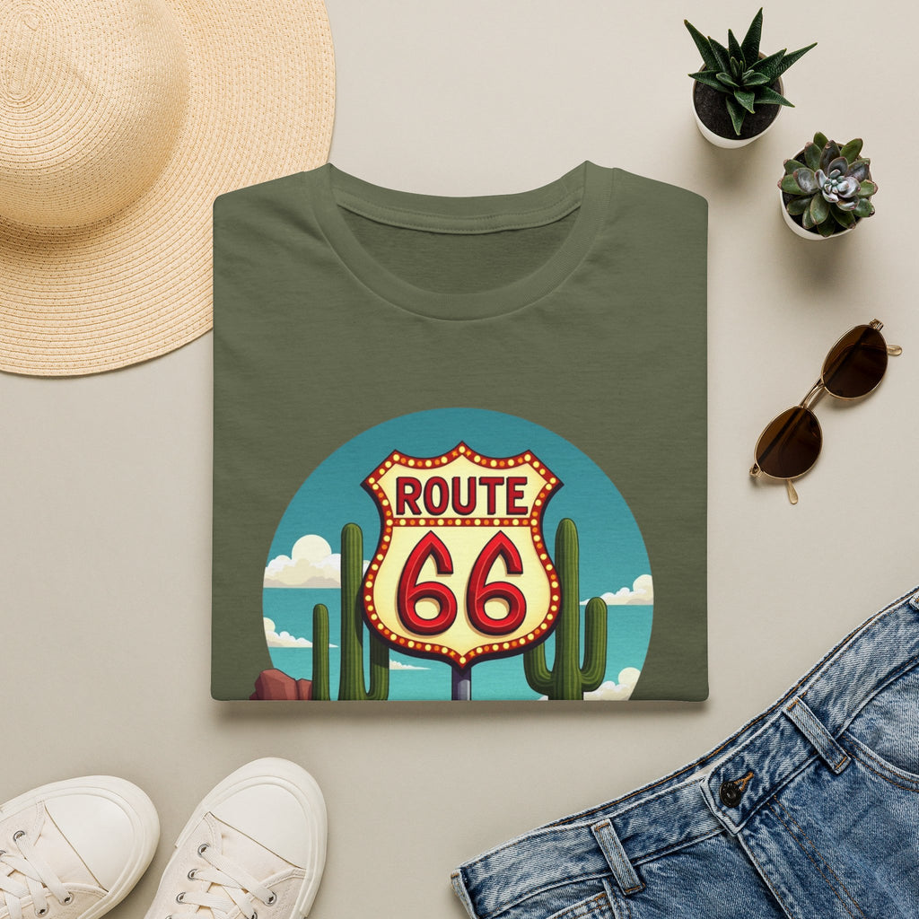 Route 66 Classic Car T-Shirt | Retro Desert Road Sign, Vintage Convertible