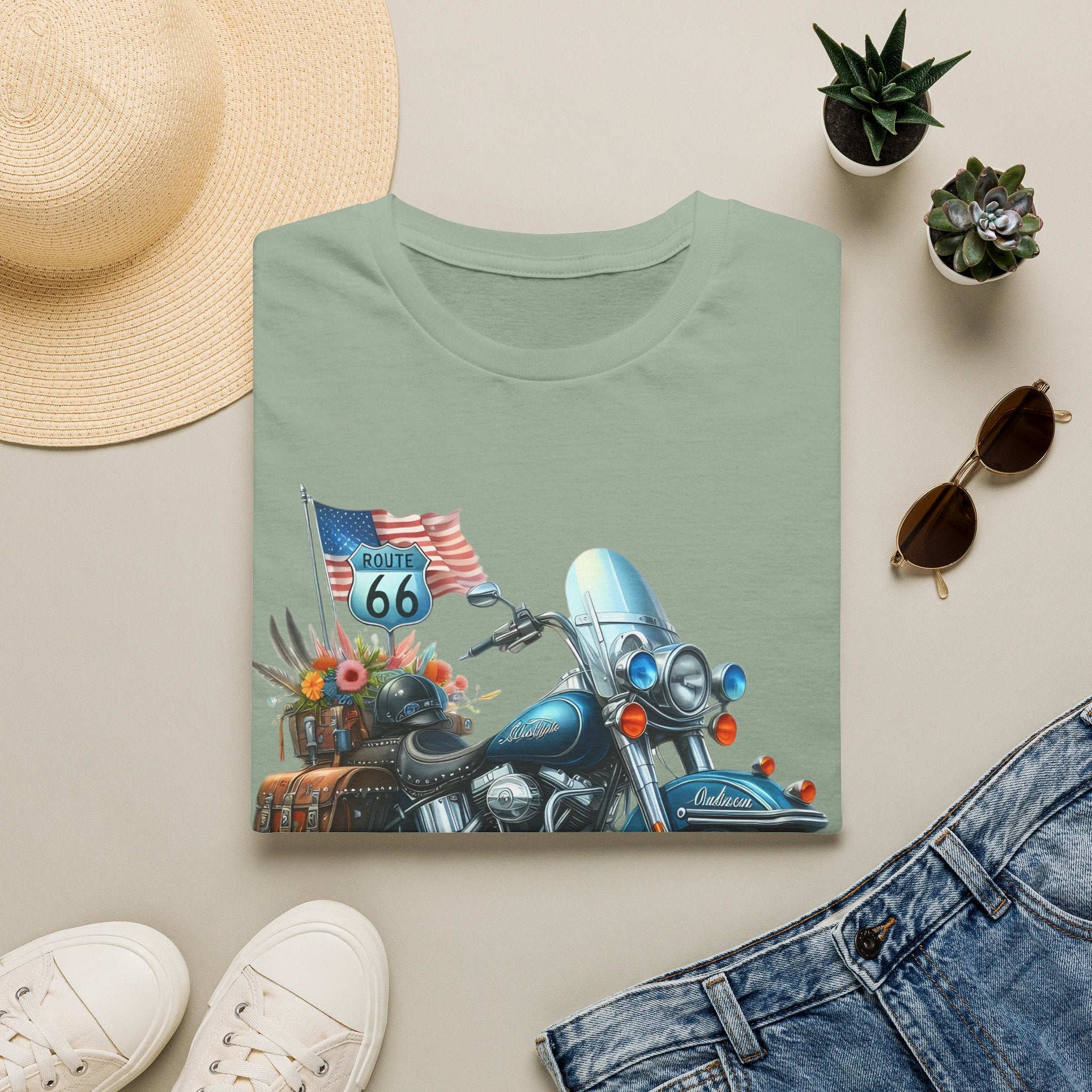 Route 66 Motorcycle Illustration T-Shirt | American Flag, Sunflowers